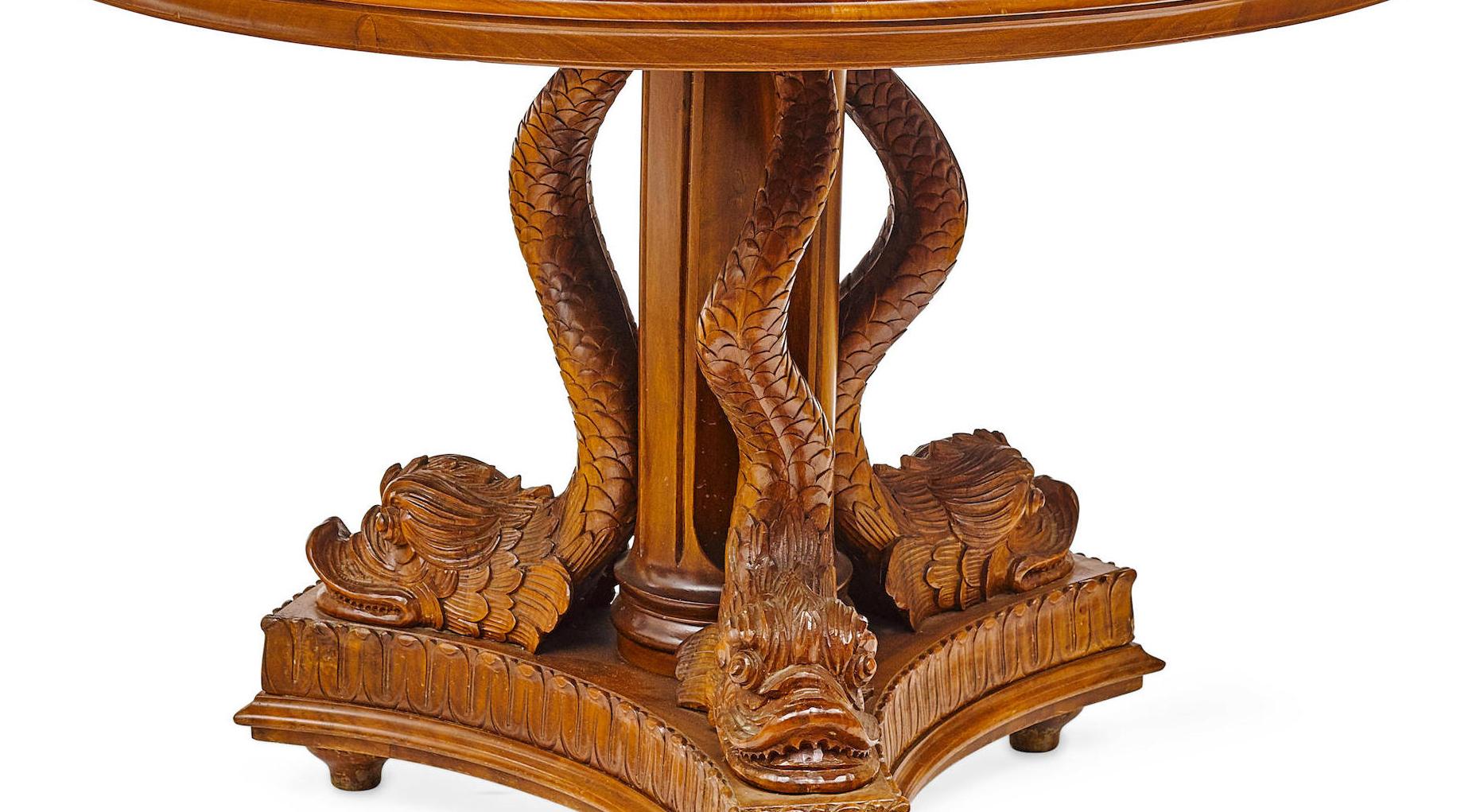 Round Pedestal Table with Dolphins, Early 20th Century In Good Condition For Sale In Cypress, CA
