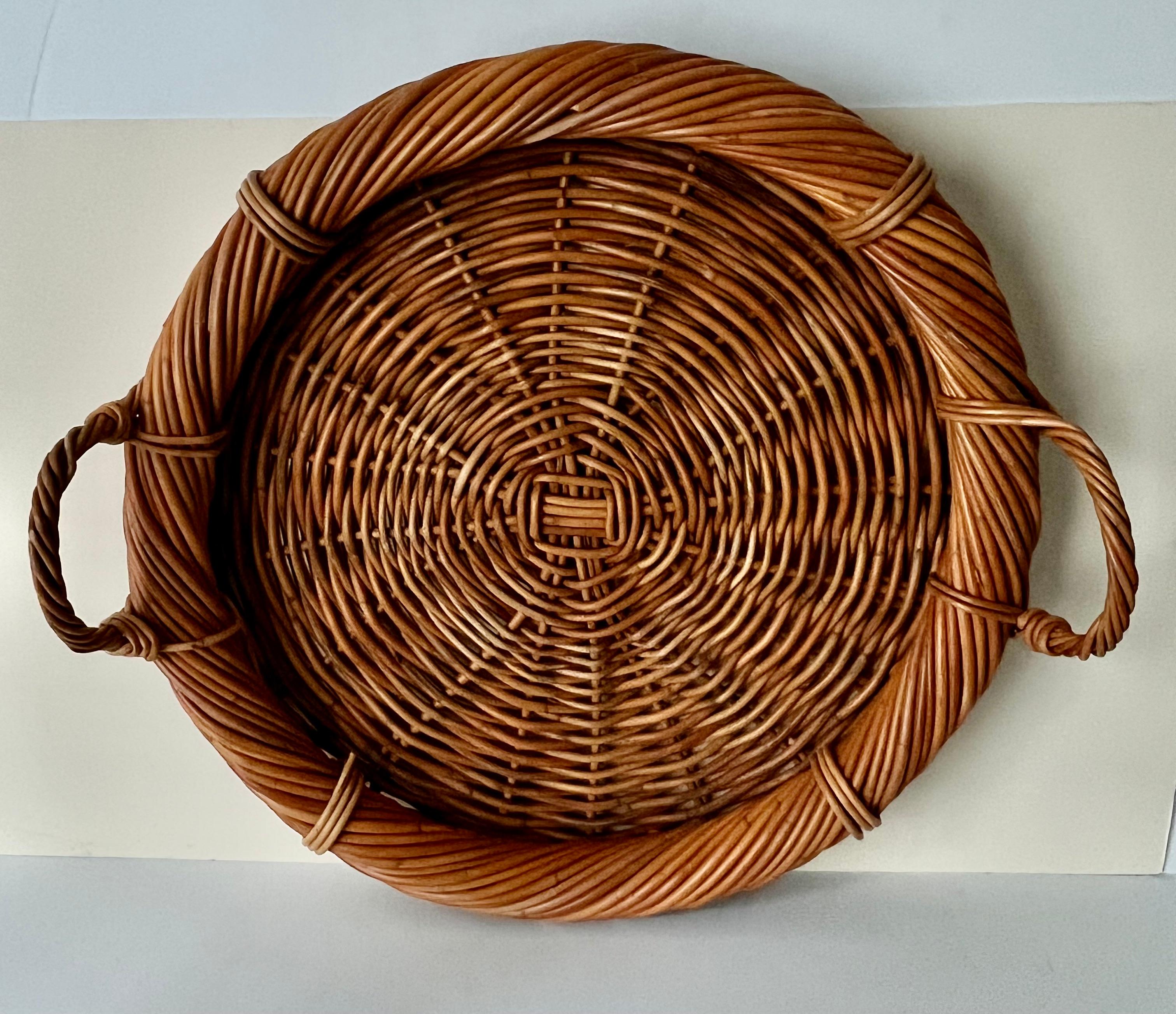 Hand-Woven Round Pencil Reed Rattan Hand Crafted Woven Tray with Handles For Sale