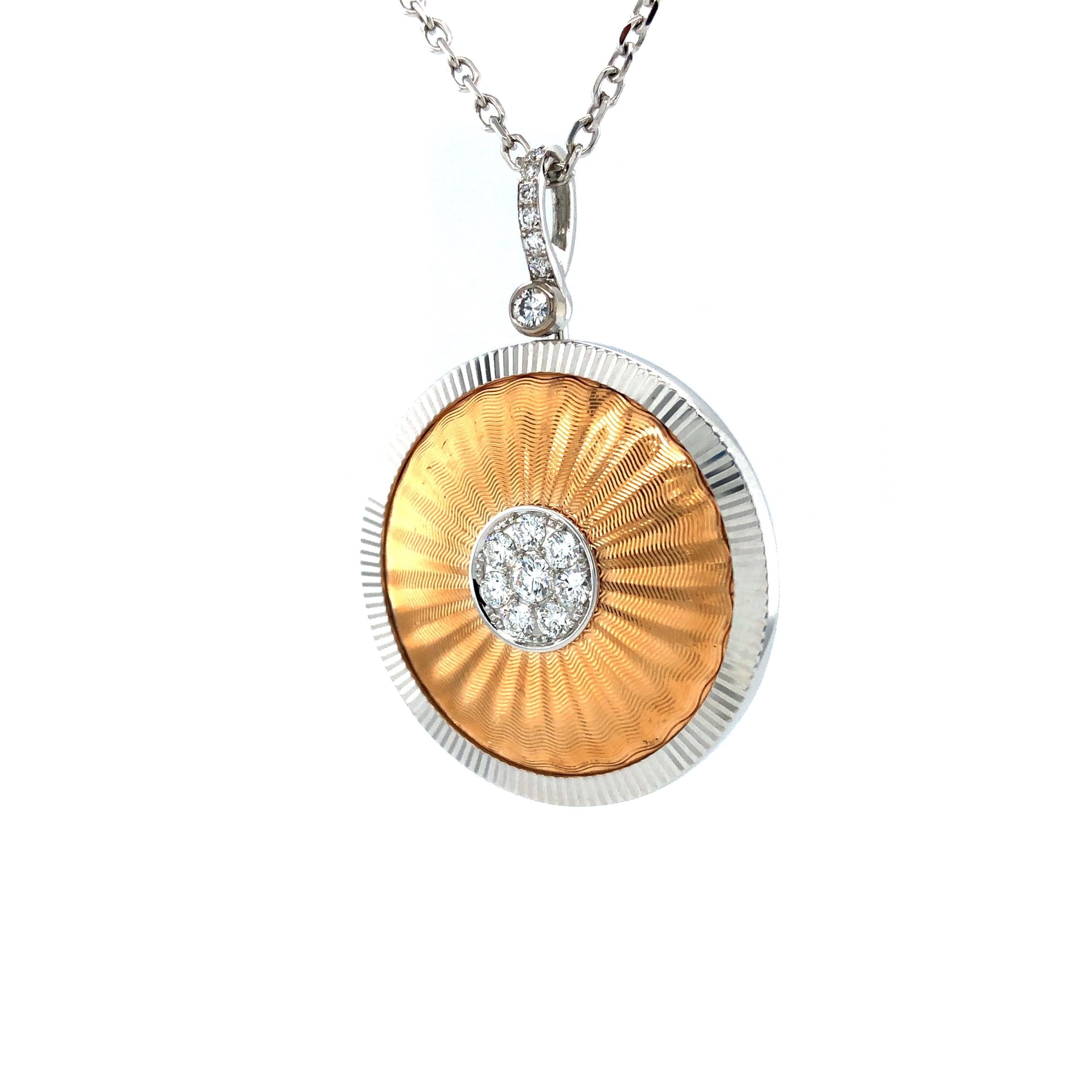 Women's Round Pendant - 18k Rose and White Gold - 18 Diamonds total 0.58 ct - Guilloché For Sale