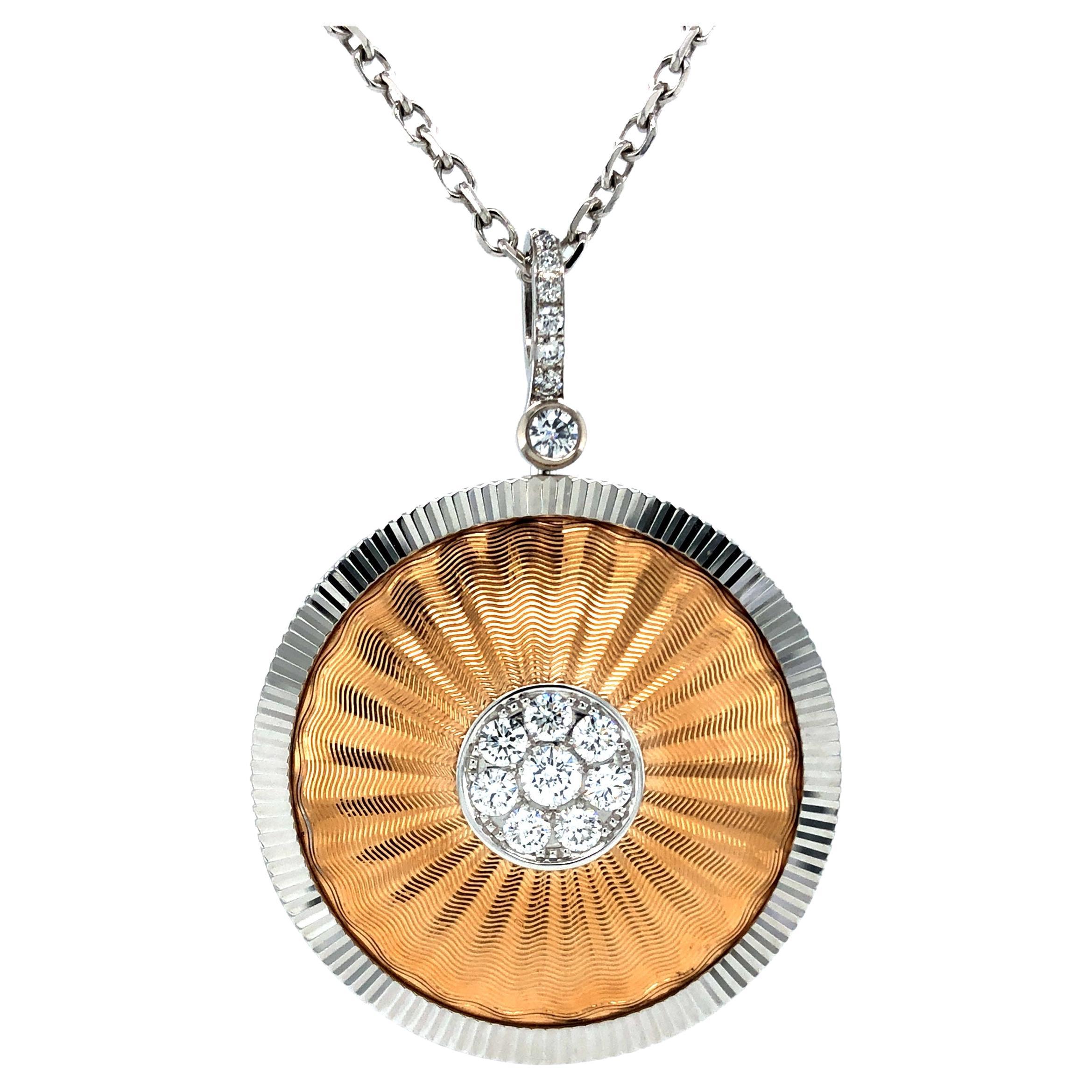Round Pendant - 18k Rose and White Gold - 18 Diamonds total 0.58 ct - Guilloché For Sale 1