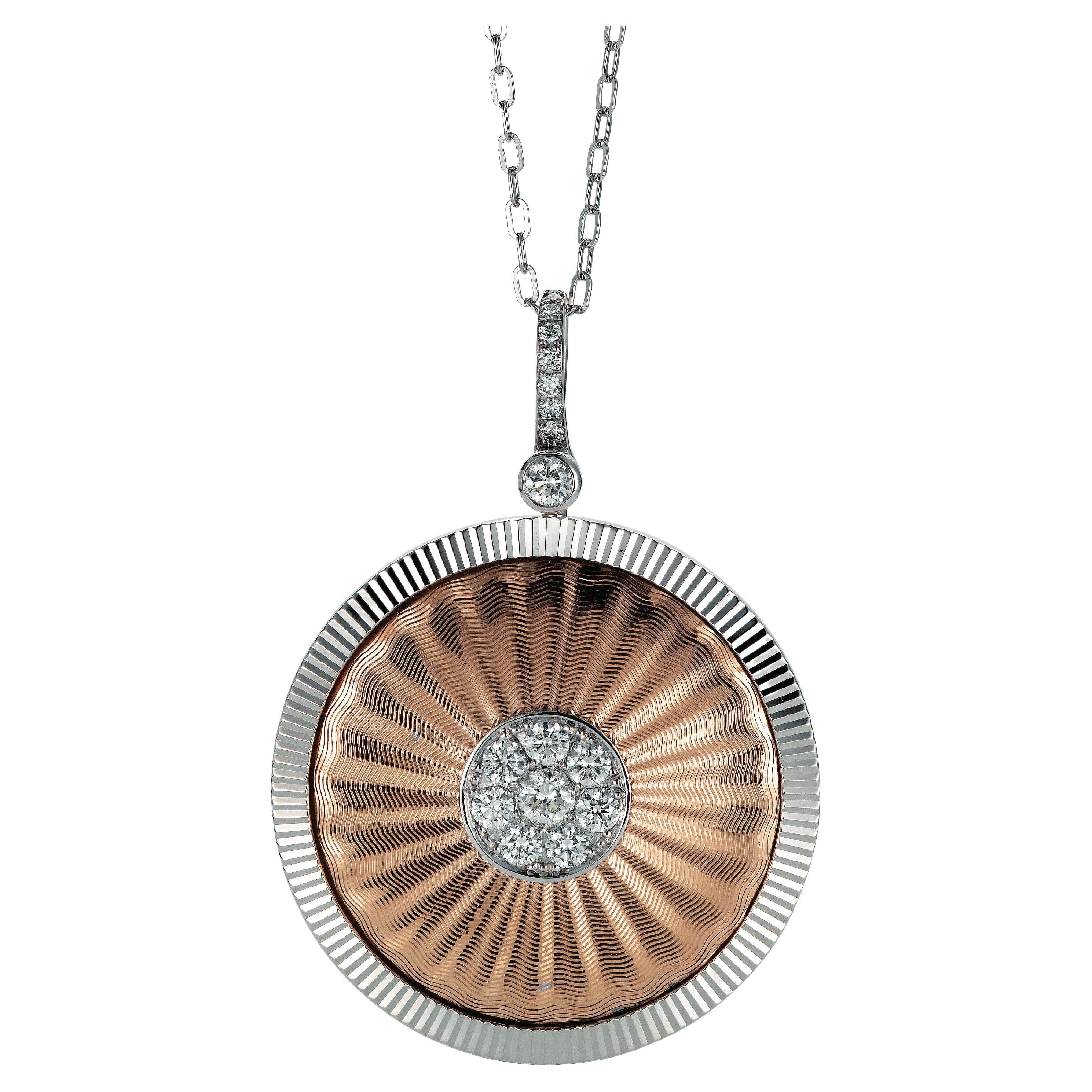 Round Pendant - 18k Rose and White Gold - 18 Diamonds total 0.58 ct - Guilloché