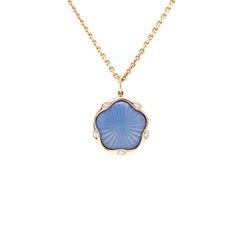 Round Pendant 18k Rose Gold Turquoise Vitreous Enamel Guilloche 5 Diamond 0.07ct