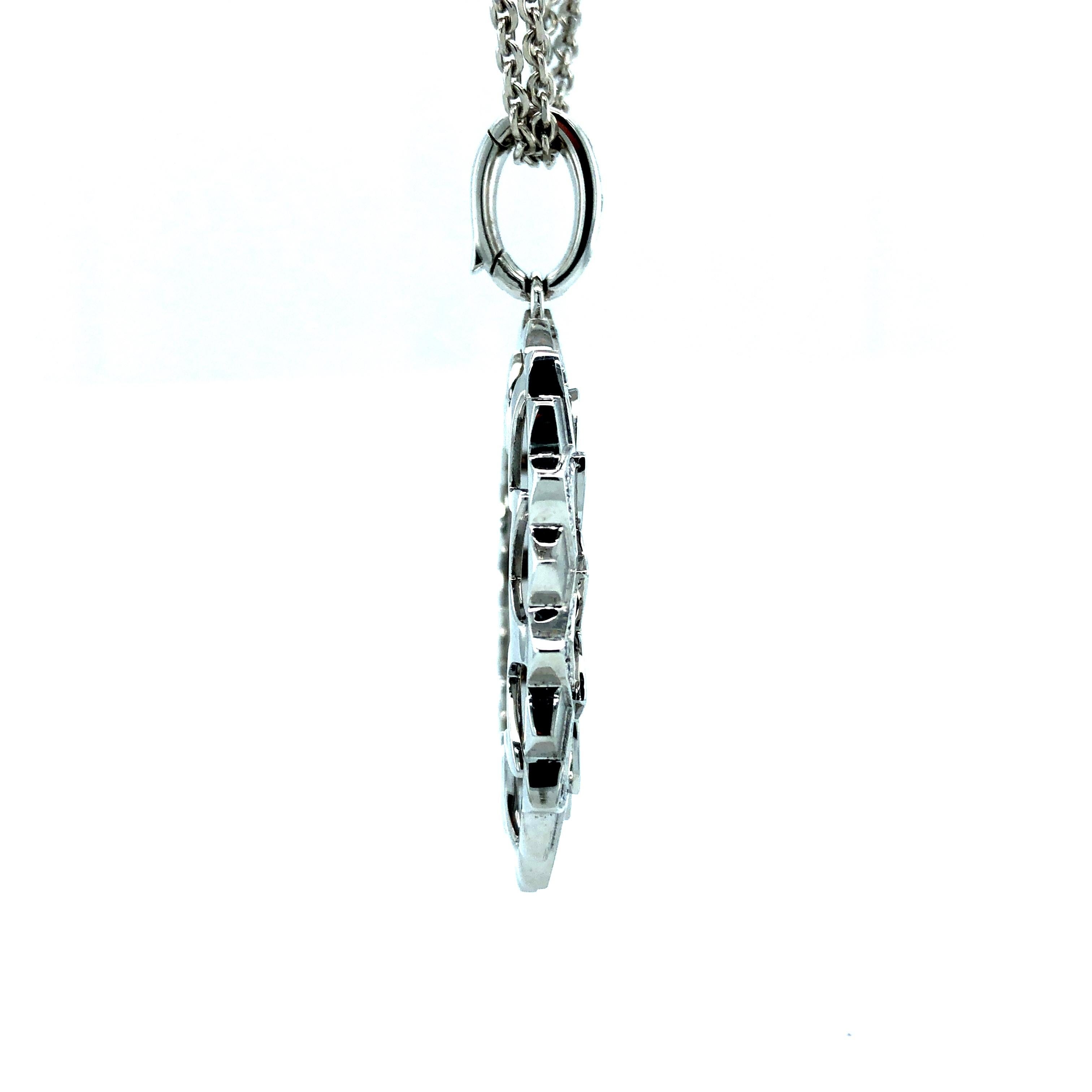 Contemporary Round Pendant 18k White Gold Indigo Blue Guilloche Enamel 43 Diamonds 0.52 ct For Sale