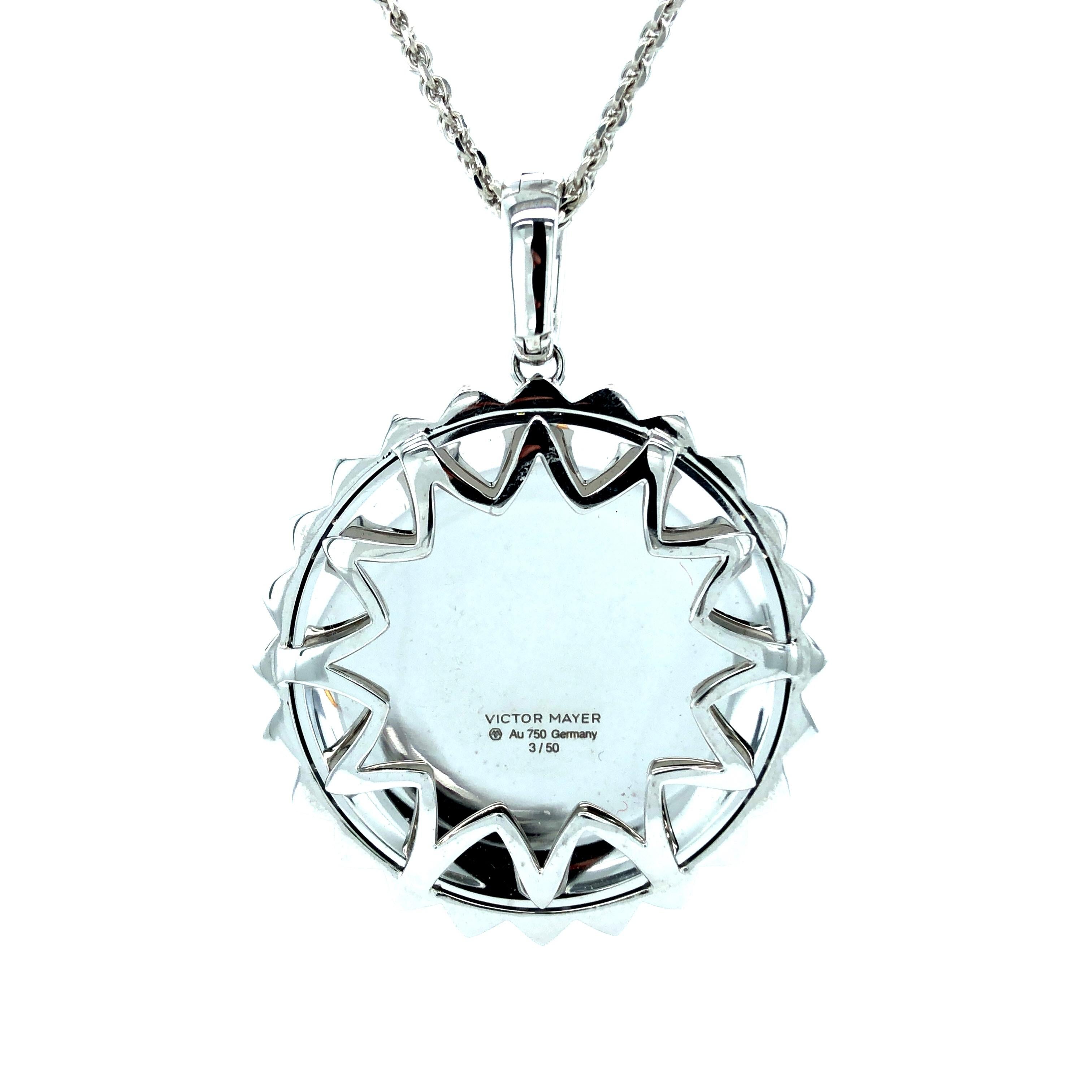 Brilliant Cut Round Pendant 18k White Gold Indigo Blue Guilloche Enamel 43 Diamonds 0.52 ct For Sale