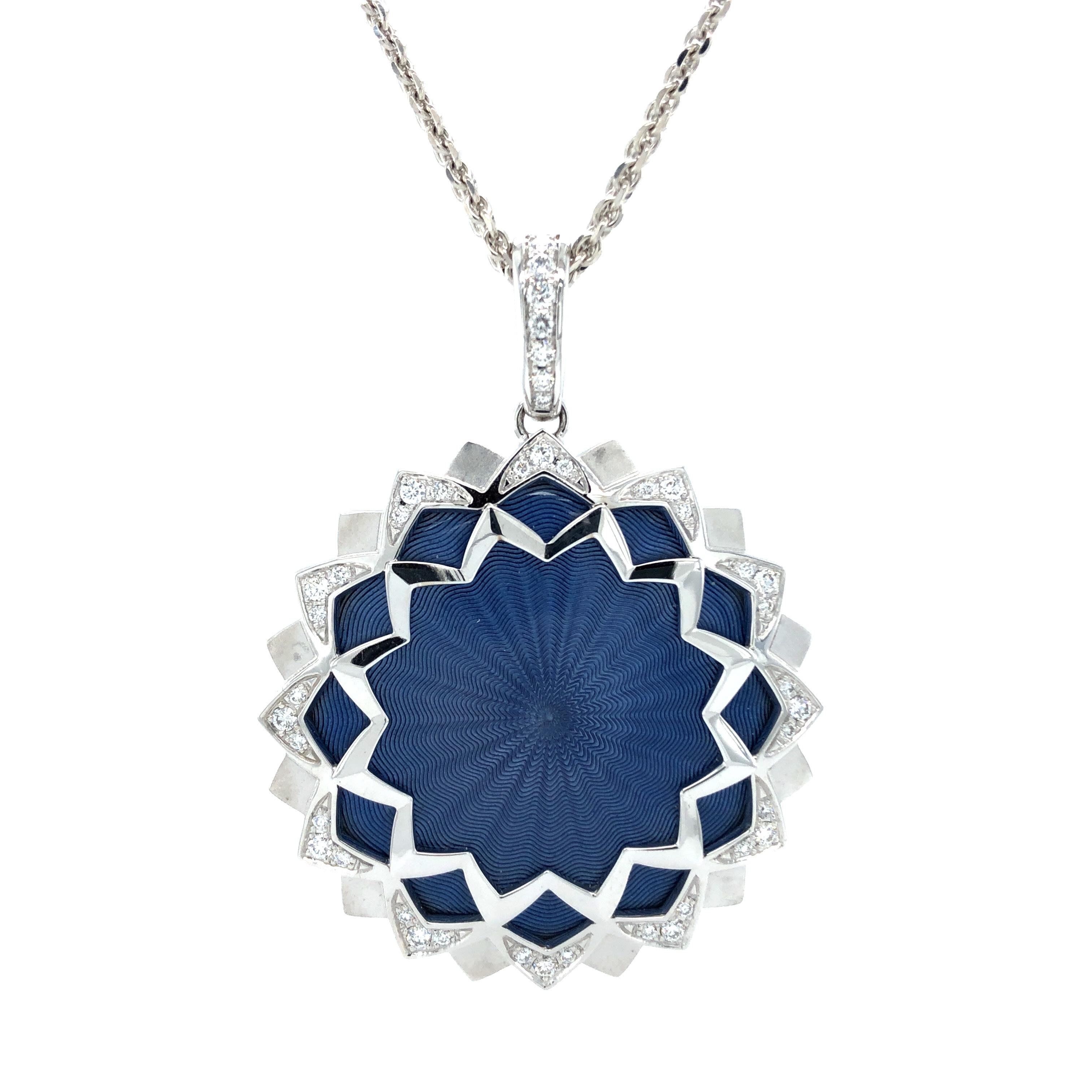 Women's Round Pendant 18k White Gold Indigo Blue Guilloche Enamel 43 Diamonds 0.52 ct For Sale