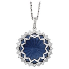 Round Pendant 18k White Gold Indigo Blue Guilloche Enamel 43 Diamonds 0.52 ct