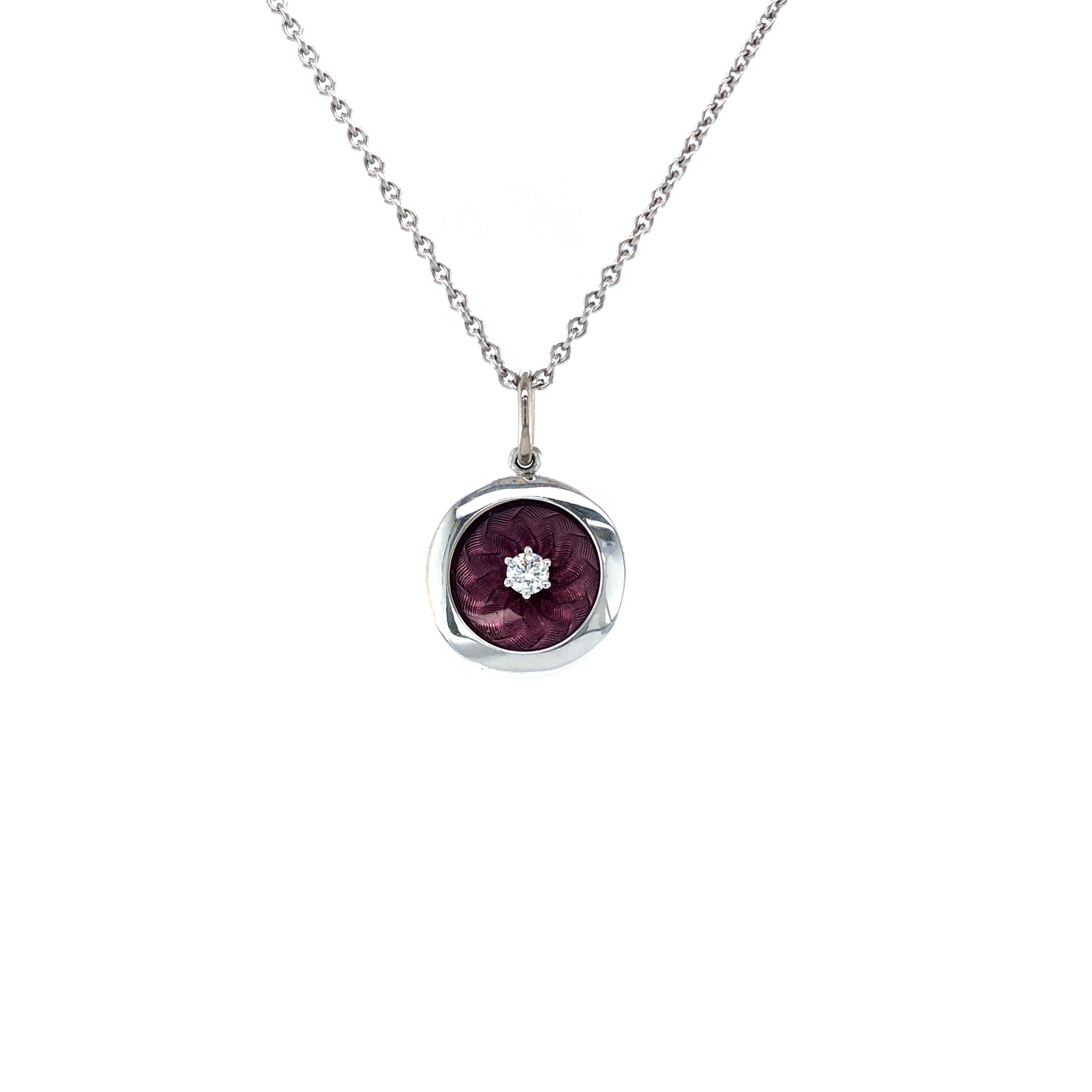 Donna Ciondolo rotondo in oro bianco 18k con smalto guilloché e 1 diamante da 0,07 ct G VS in vendita