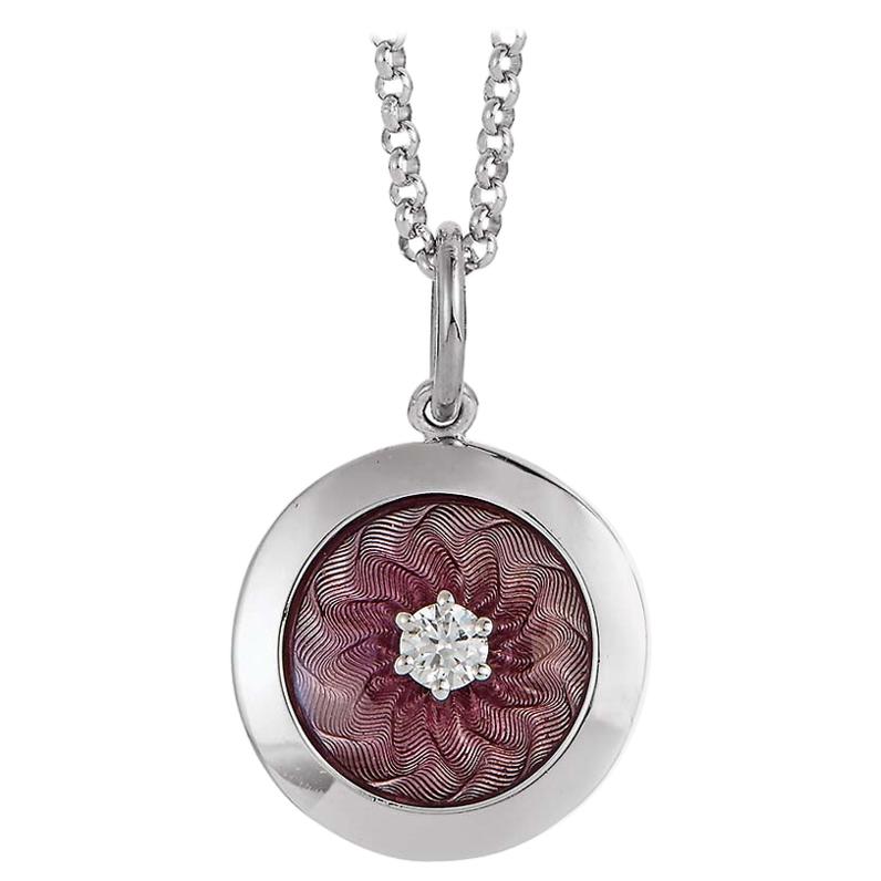 Round Pendant 18k White Gold Mauve Guilloche Enamel 1 Diamond 0.07 ct G VS 