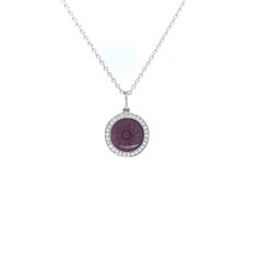 Round Pendant 18k White Gold Purple Vitreous Enamel Guilloche 30 Diamonds 0.15ct