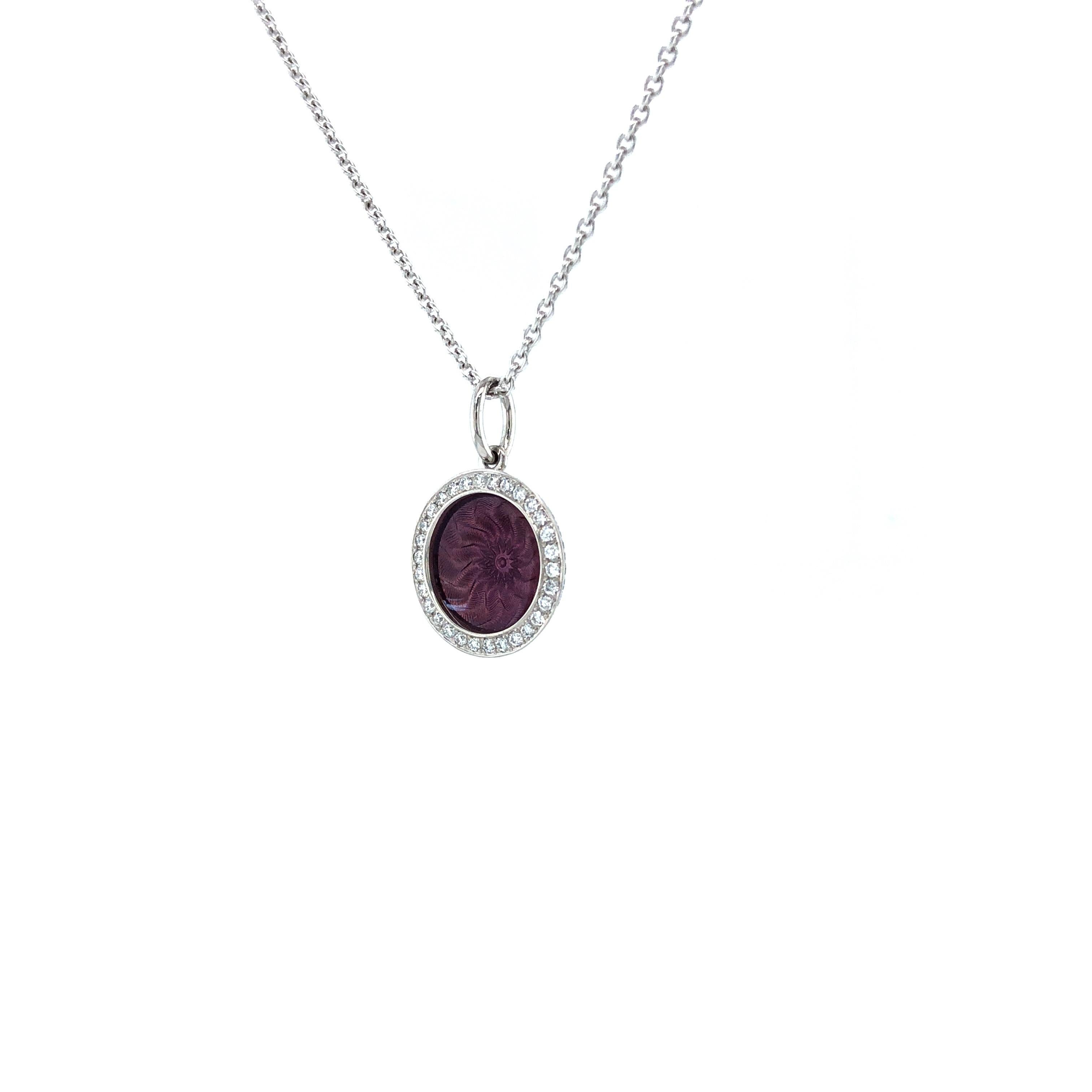 Brilliant Cut Round Pendant 18k White Gold Purple Vitreous Enamel Guilloche 30 Diamonds 0.15ct For Sale