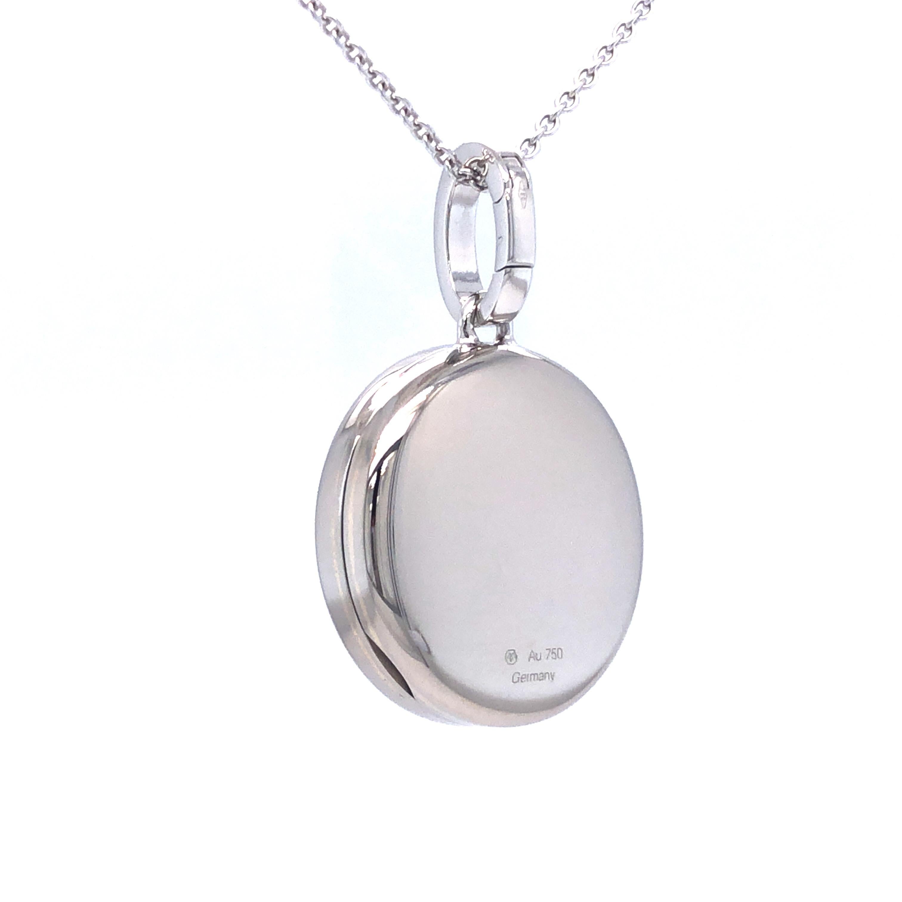 Women's Round Pendant Locket Necklace 18k White Gold Blue Vitreous Enamel 1 Diamond  For Sale
