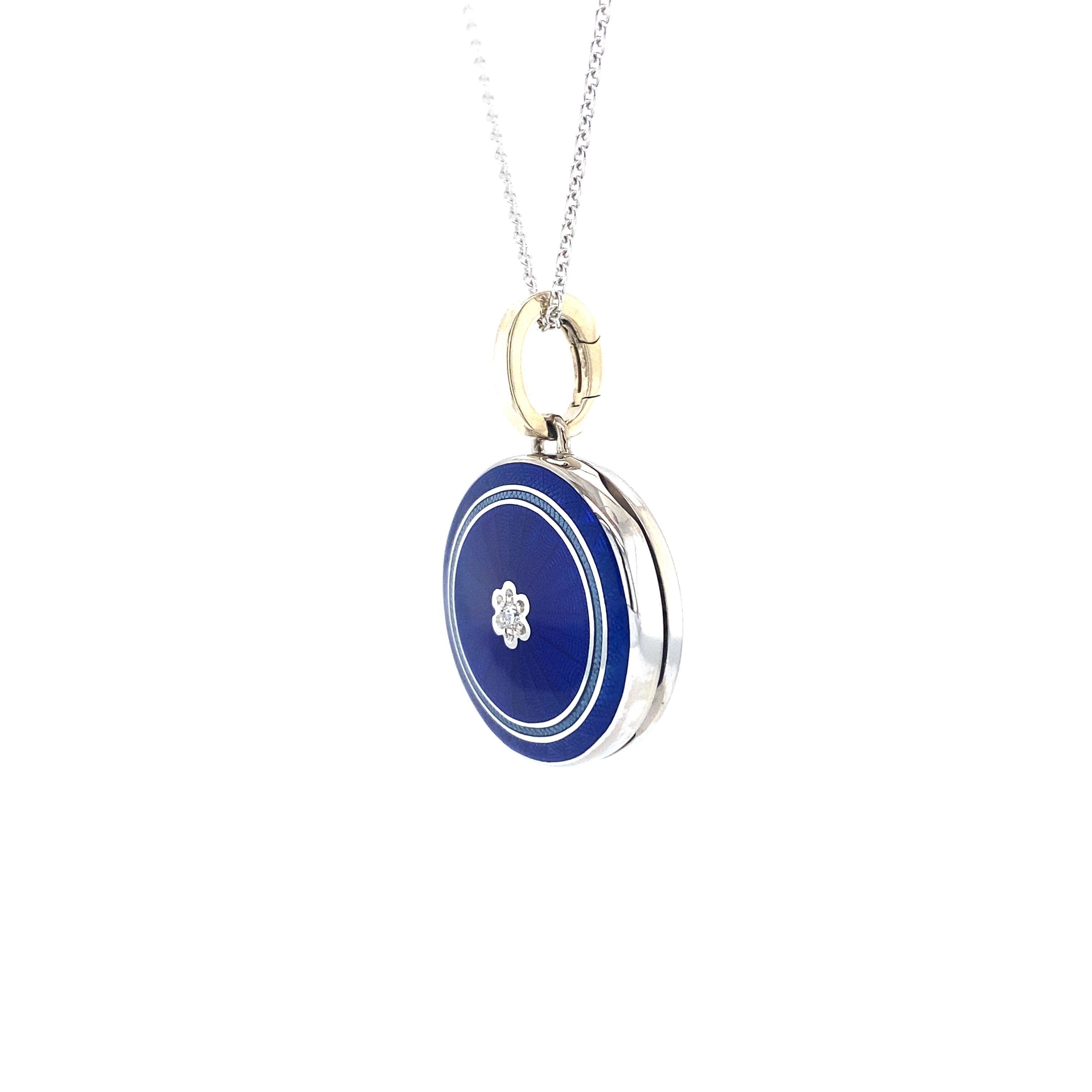 Round Pendant Locket Necklace 18k White Gold Blue Vitreous Enamel 1 Diamond  For Sale 2