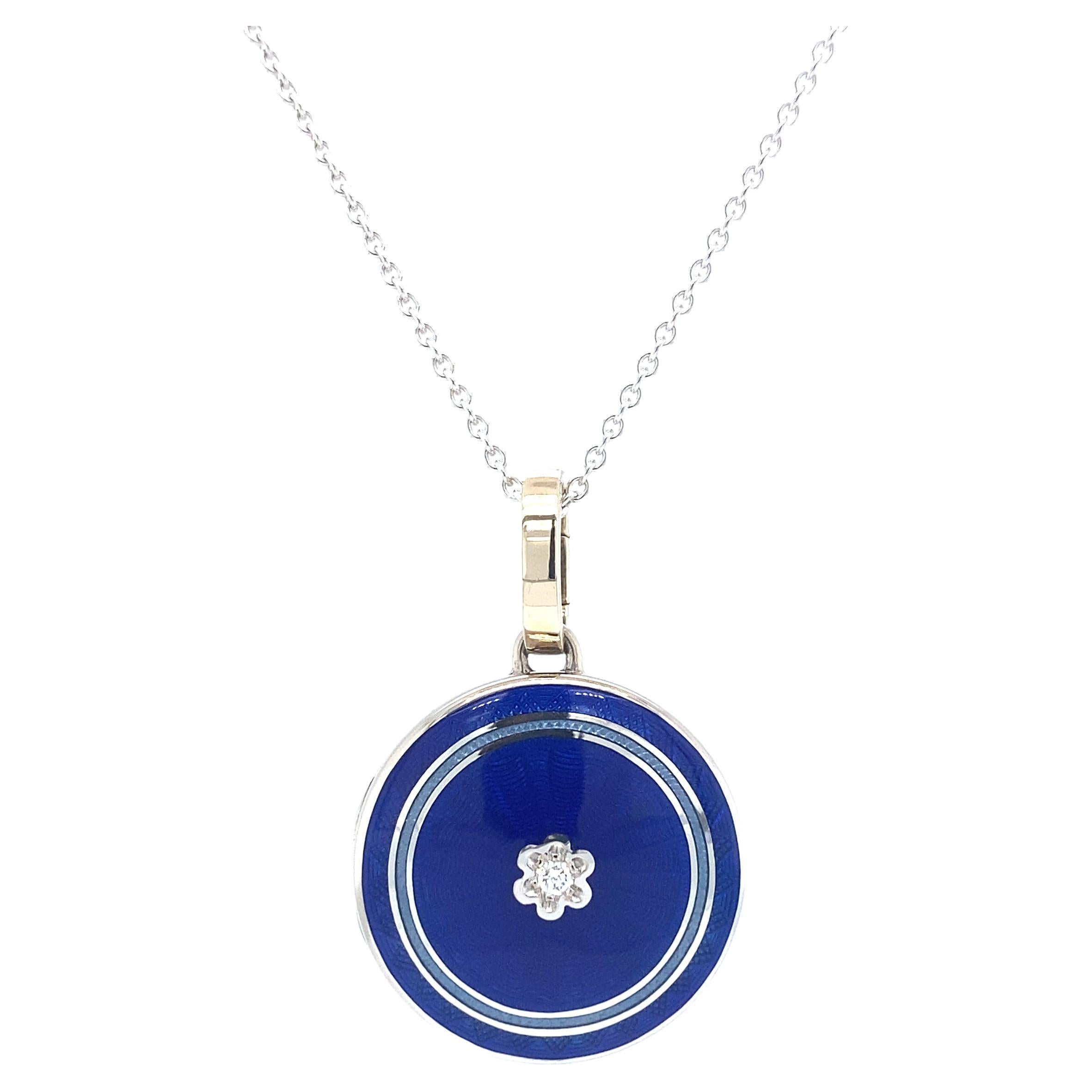 Round Pendant Locket Necklace 18k White Gold Blue Vitreous Enamel 1 Diamond  For Sale