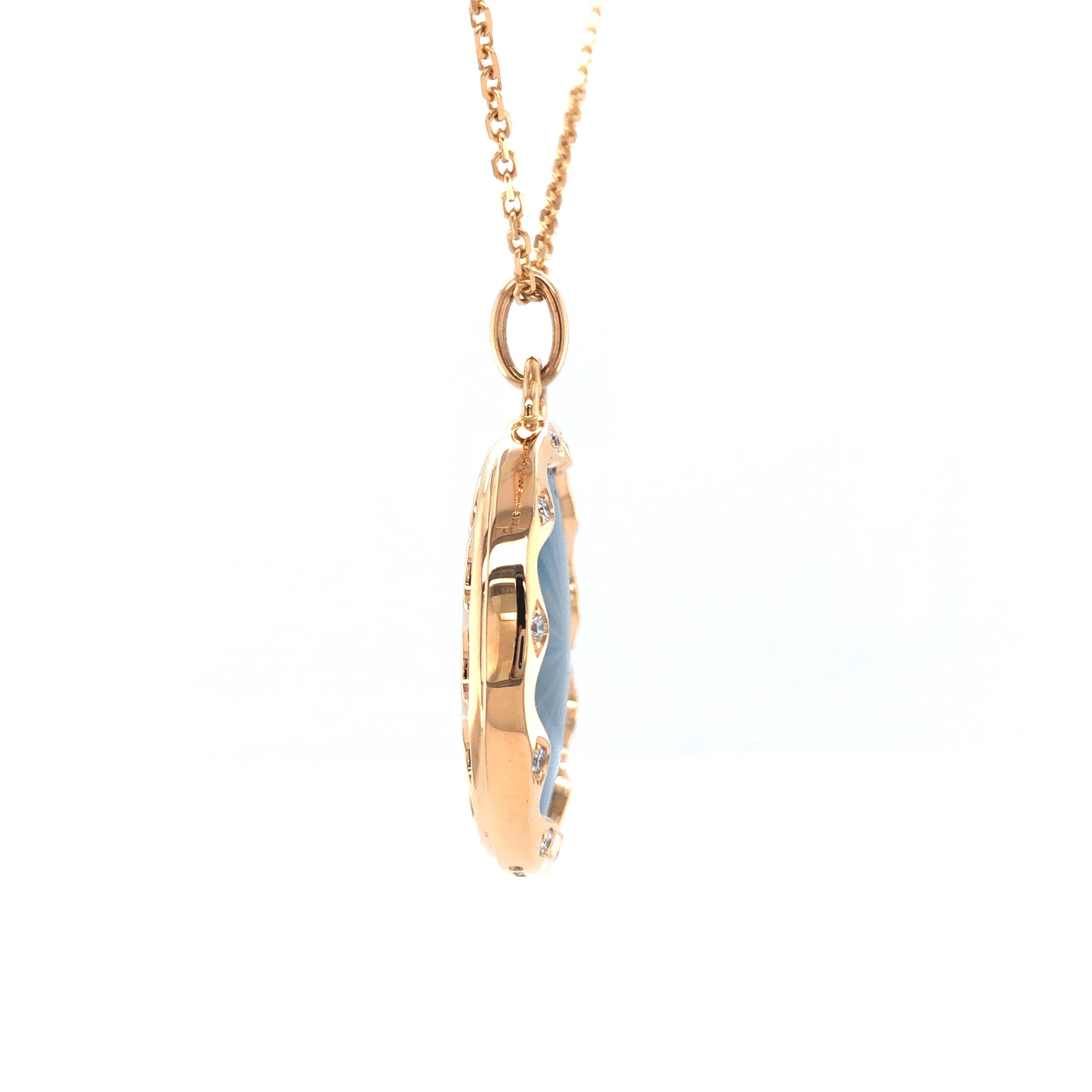 Collana con ciondolo rotondo in oro rosa 18k Smalto blu cielo 11 diamanti 0,16 ct G VS In condizioni Nuovo in vendita a Pforzheim, DE