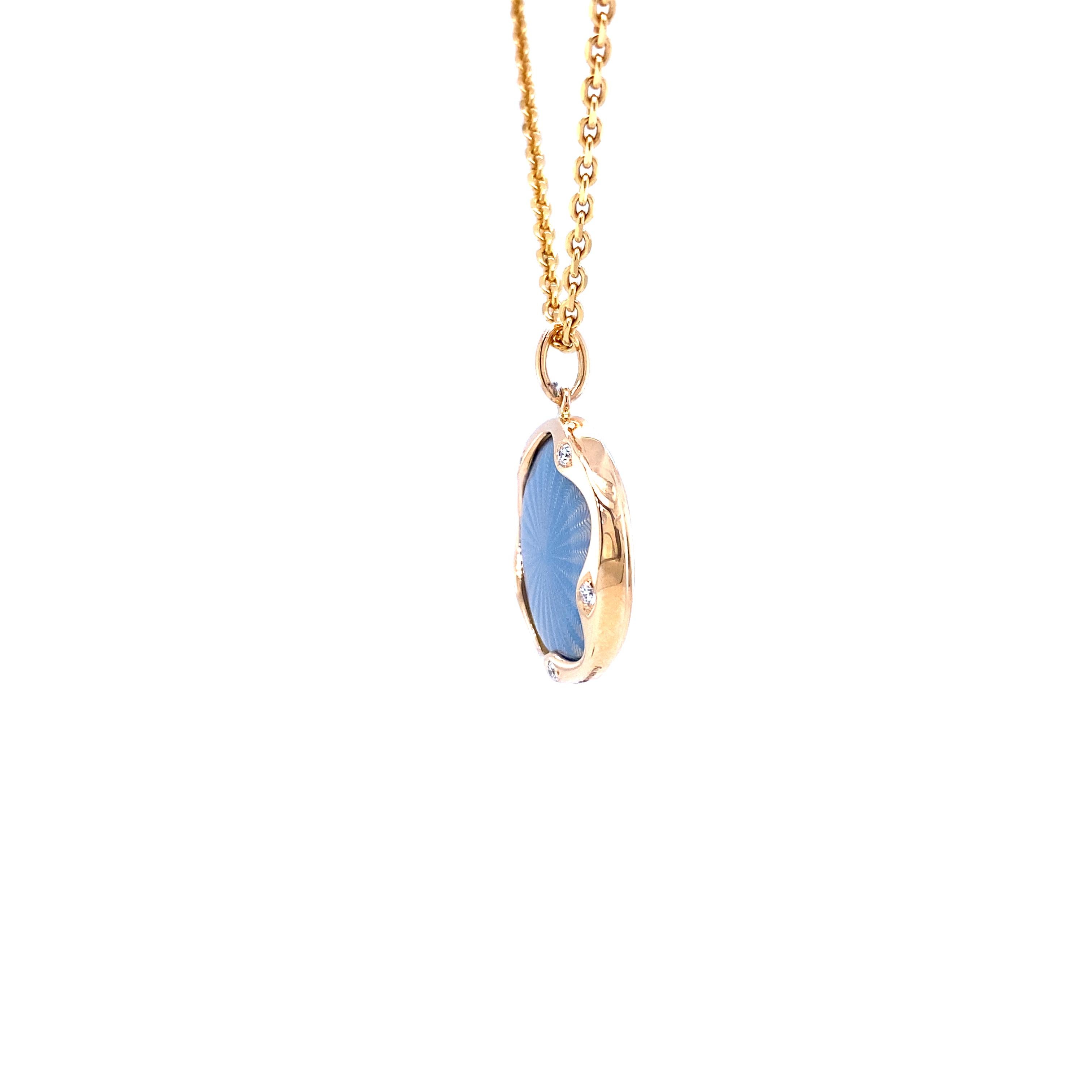 Donna Collana con ciondolo rotondo in oro rosa 18k smalto turchese Guilloche 5 diamanti 0.07ct in vendita