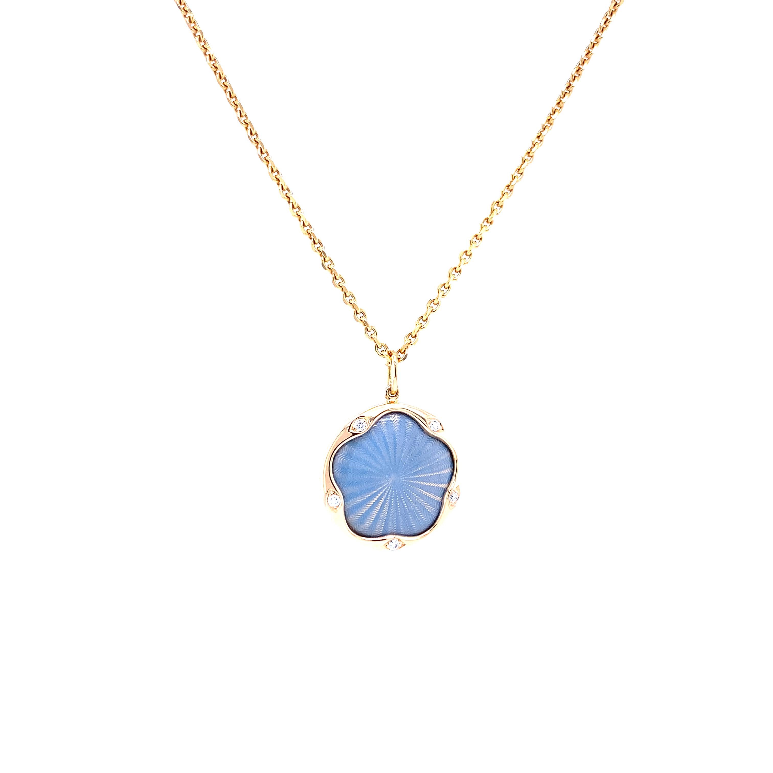 Collana con ciondolo rotondo in oro rosa 18k smalto turchese Guilloche 5 diamanti 0.07ct in vendita 3