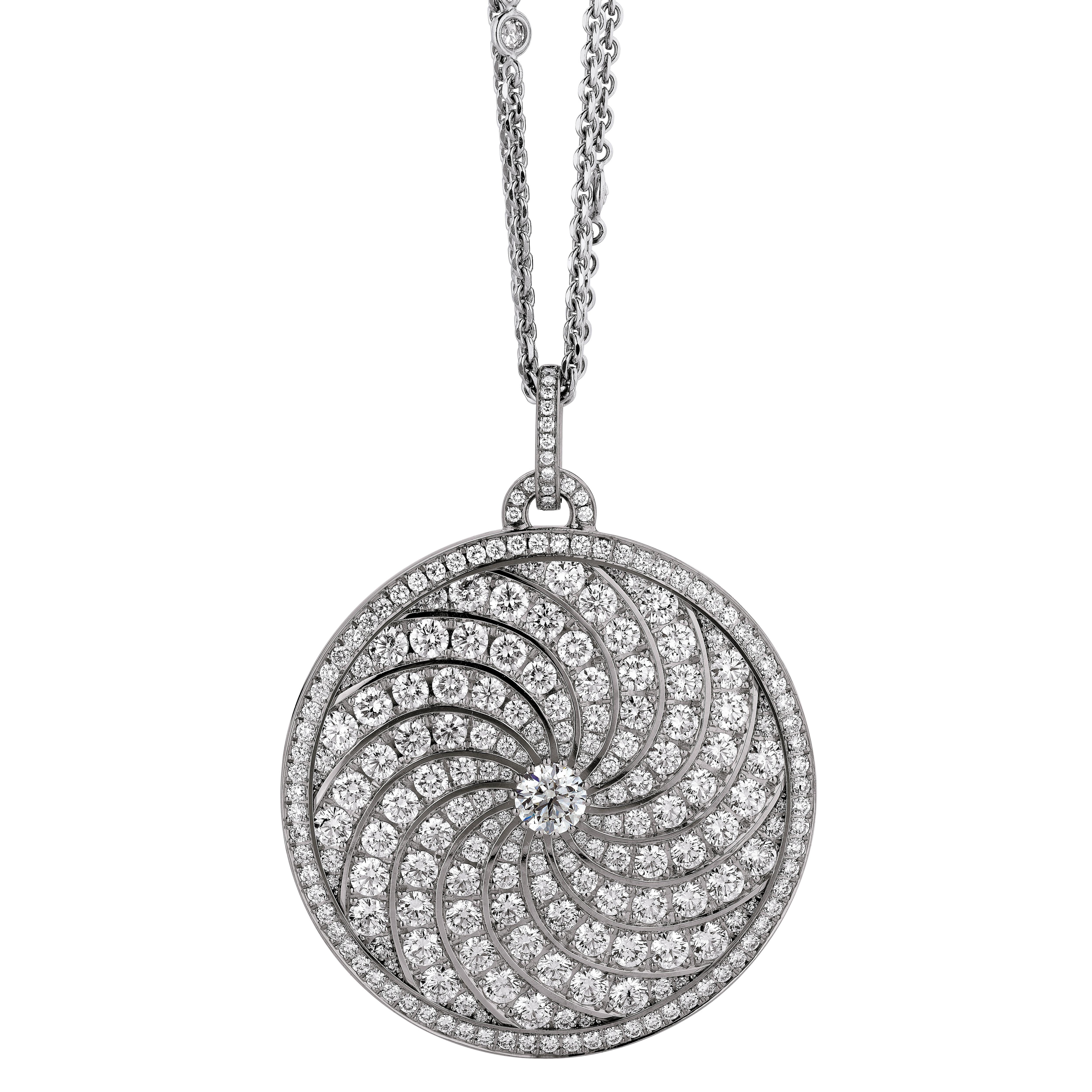 Contemporary Round Pendant Necklace - 18k White Gold - 247 Pavé Diamonds 14.06 ct GVS - 48mm For Sale
