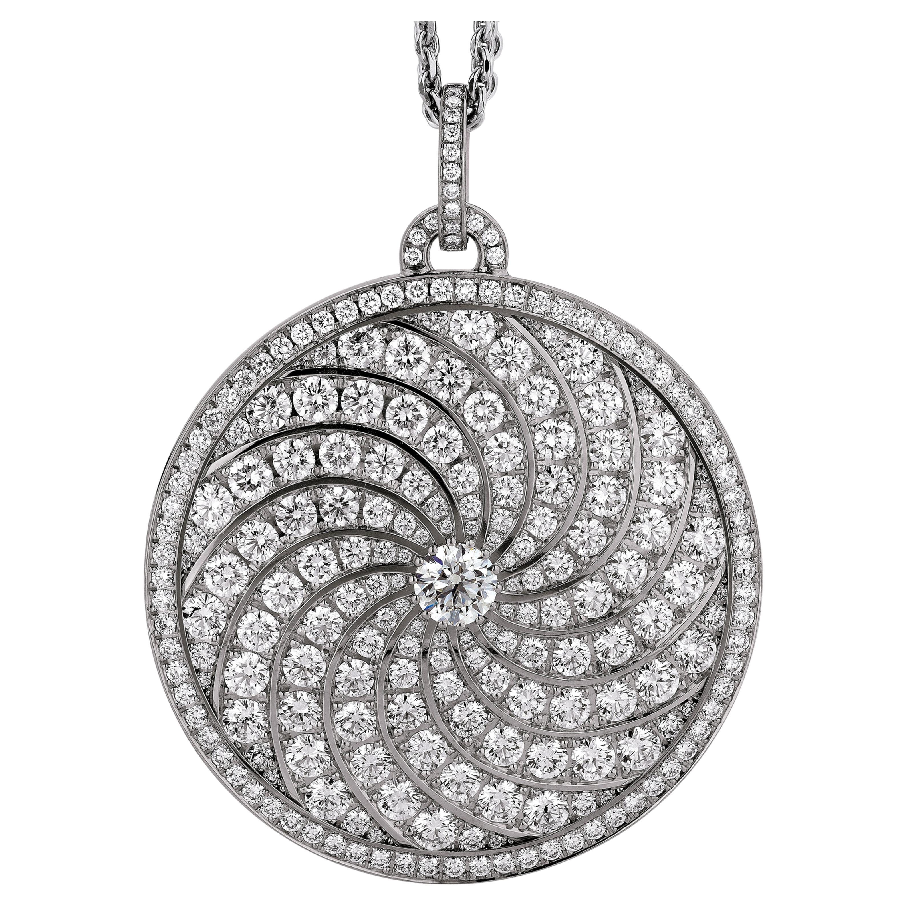 Round Pendant Necklace - 18k White Gold - 247 Pavé Diamonds 14.06 ct GVS - 48mm For Sale