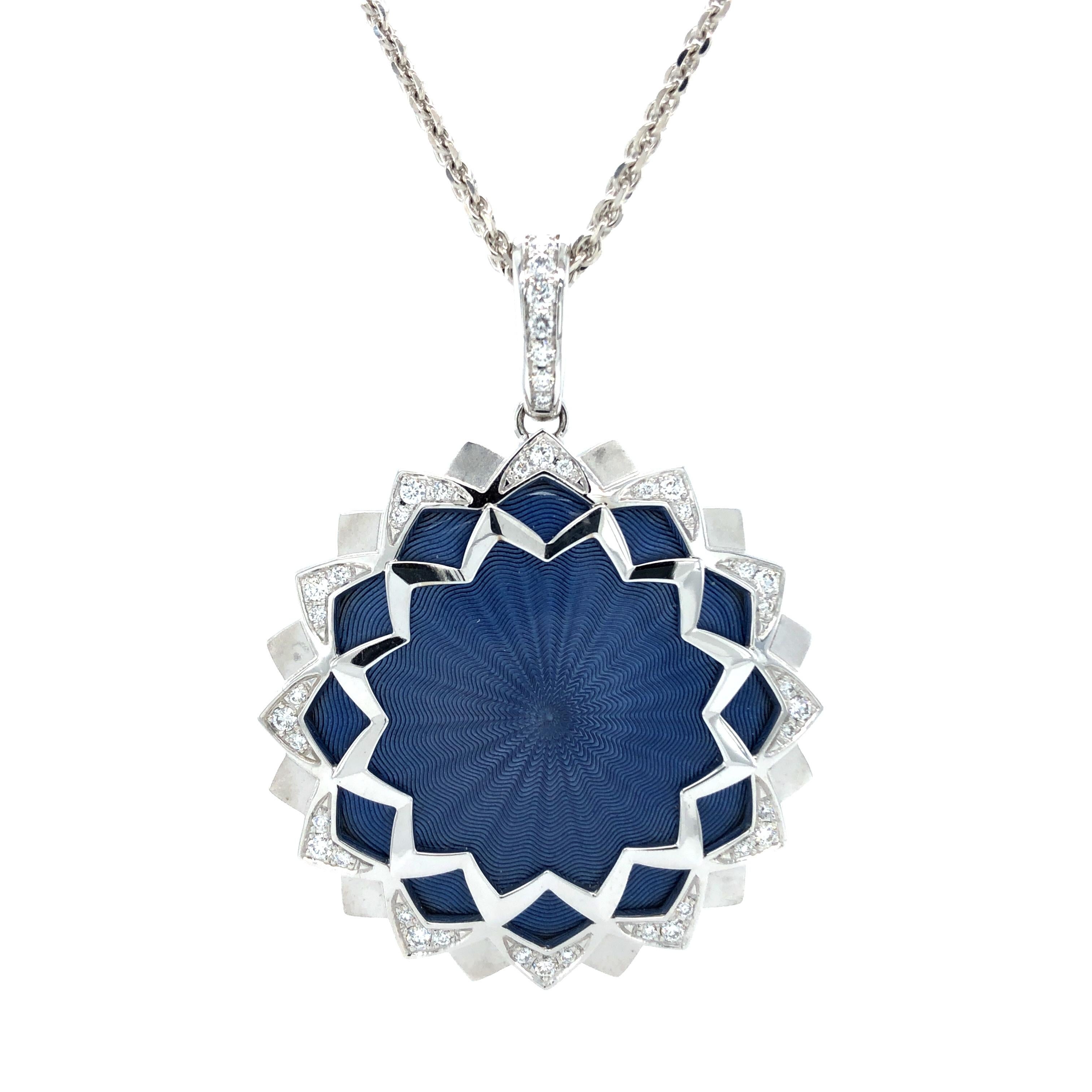 Women's Round Pendant Necklace 18k White Gold Blue Guilloche Enamel 43 Diamonds 0.52 Ct For Sale