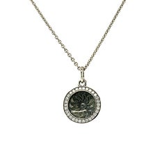 Round Pendant Necklace 18k White Gold Grey Enamel Guilloche 30 Diamonds 0.15 ct