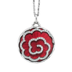 Round Pendant Necklace 18k White Gold Light Red Enamel 72 Diamonds 0.53 ct G VS