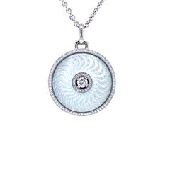 Round Pendant Necklace - 18k White Gold - Silver Enamel 92 Diamonds 0.37 ct G VS