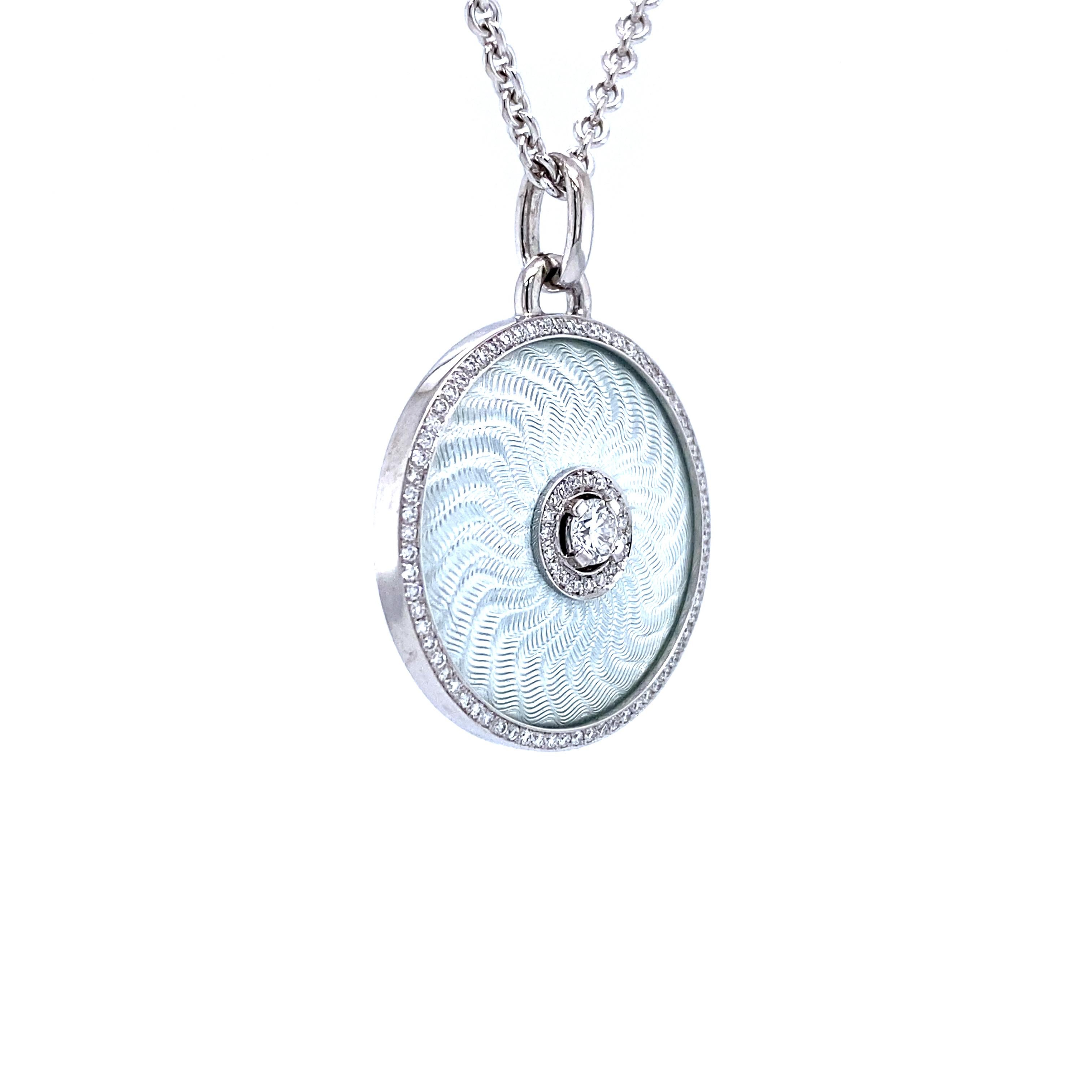 Contemporary Round Pendant Necklace - 18k White Gold - Silver Enamel 92 Diamonds 0.37 ct G VS For Sale