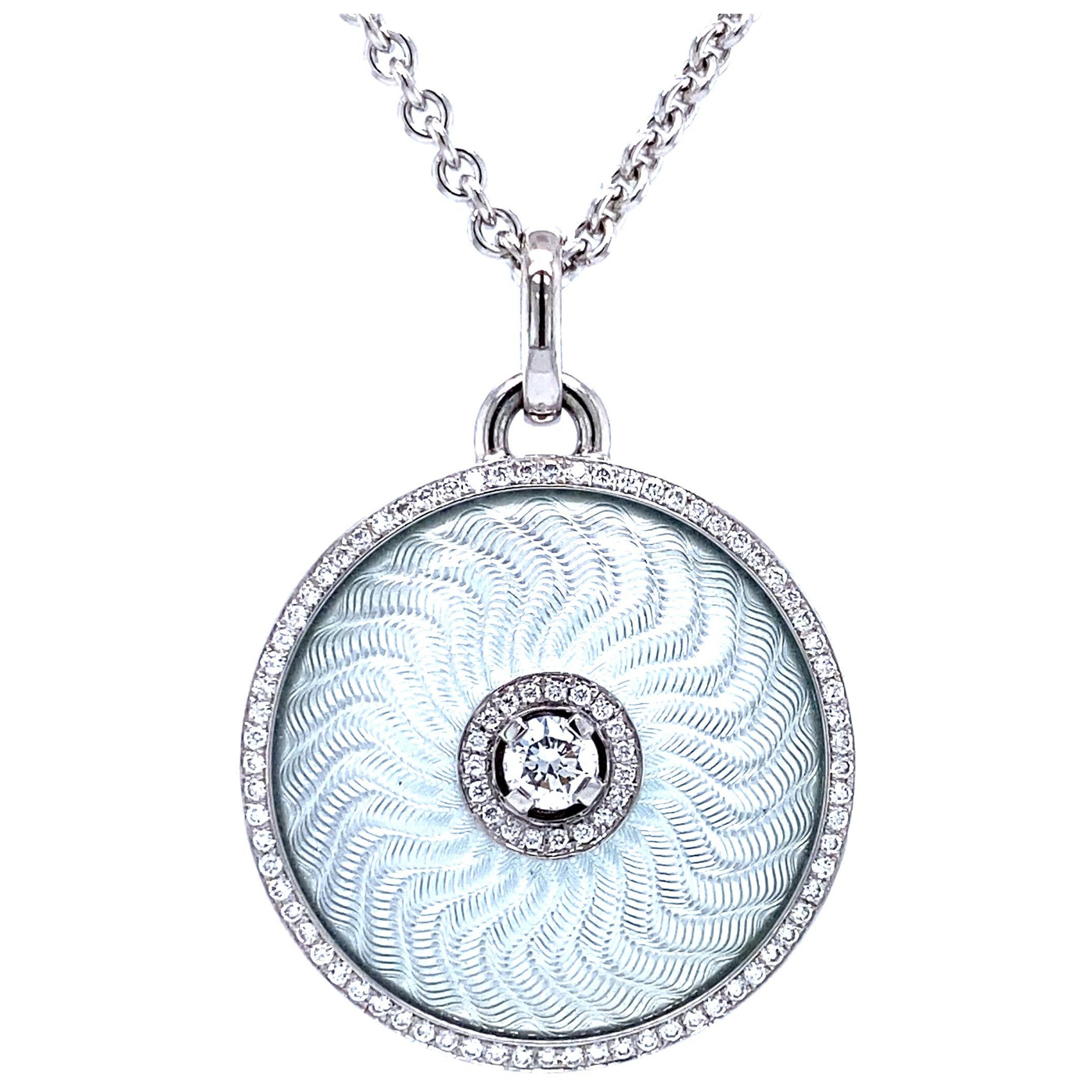 Runder Anhänger Halskette - 18k Weißgold - Silber Emaille 92 Diamanten 0,37 ct G VS