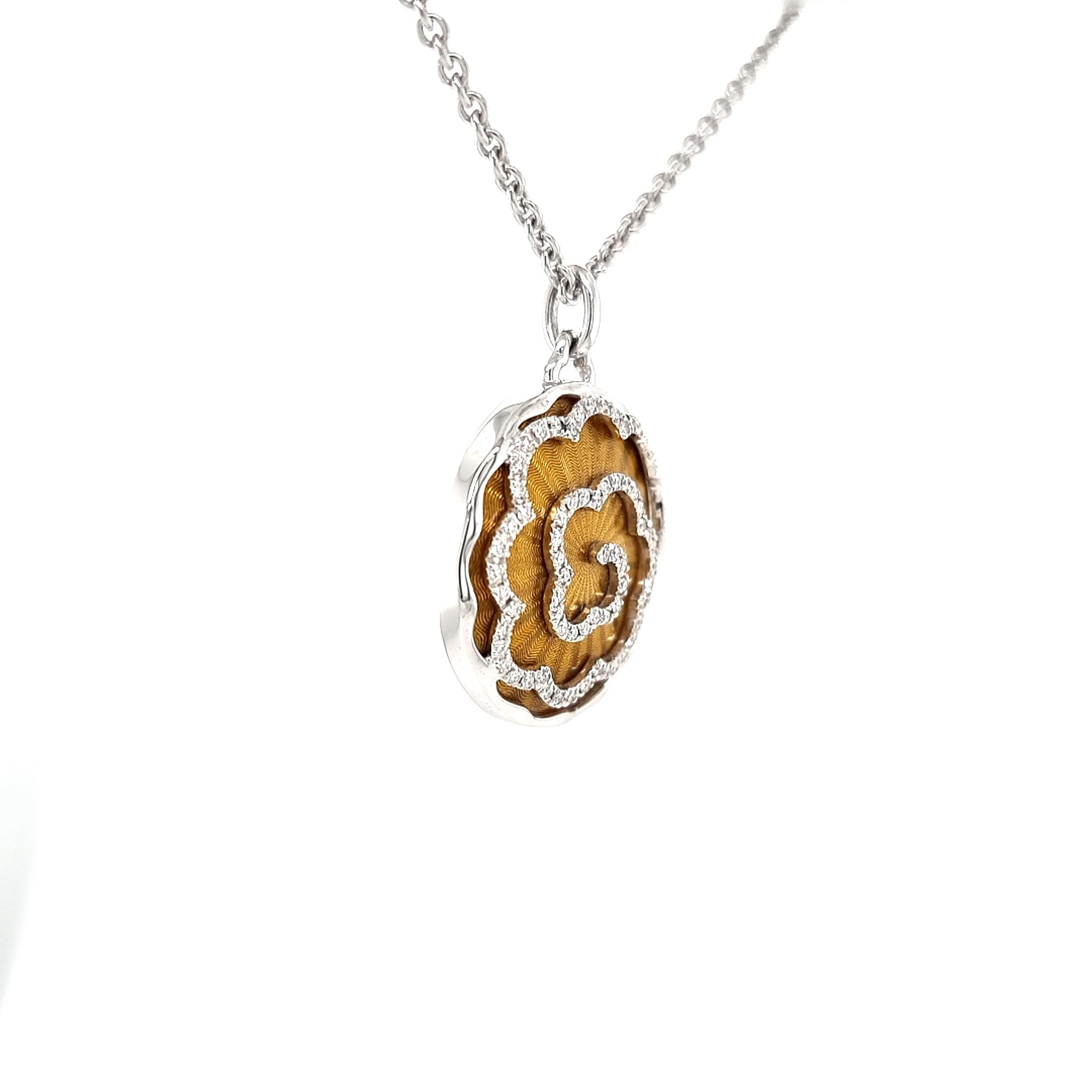 Art Deco Round Pendant Necklace 18k White Gold Yellow Gold Enamel 72 Diamonds 0.53ct For Sale