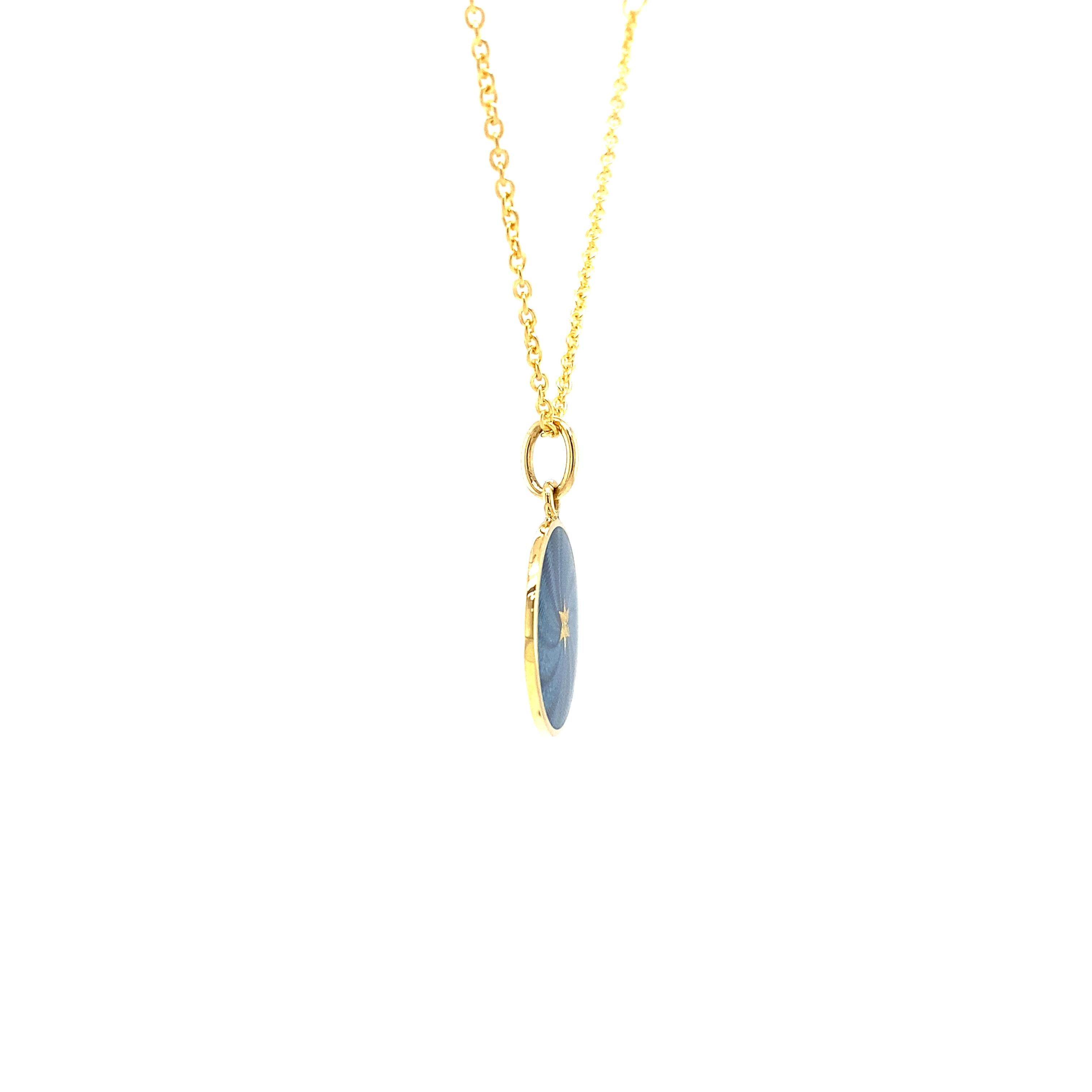 Round Pendant Necklace 18k Yellow Gold Blue Enamel Giulloche Paillons For Sale 2