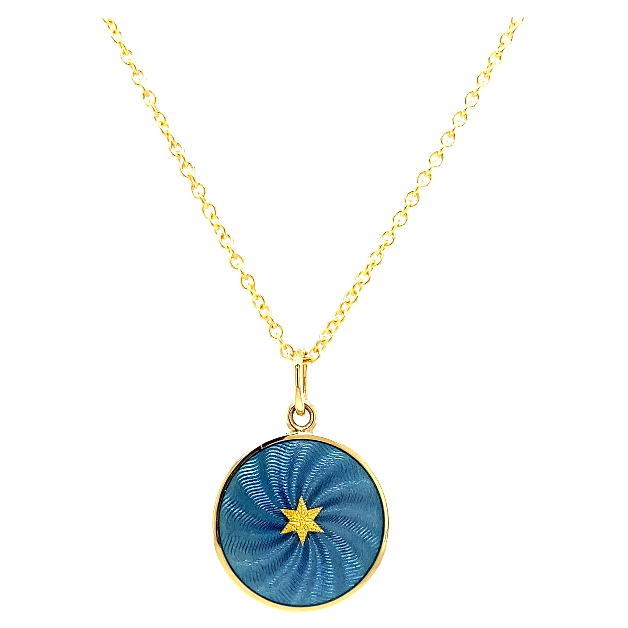 Collier pendentif rond Giulloche Paillons en or jaune 18 carats, émail bleu