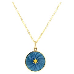 Collier pendentif rond Giulloche Paillons en or jaune 18 carats, émail bleu
