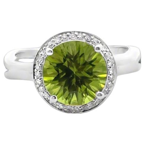 Anillo Cóctel Peridoto Redondo y Diamante Oro Blanco 14K