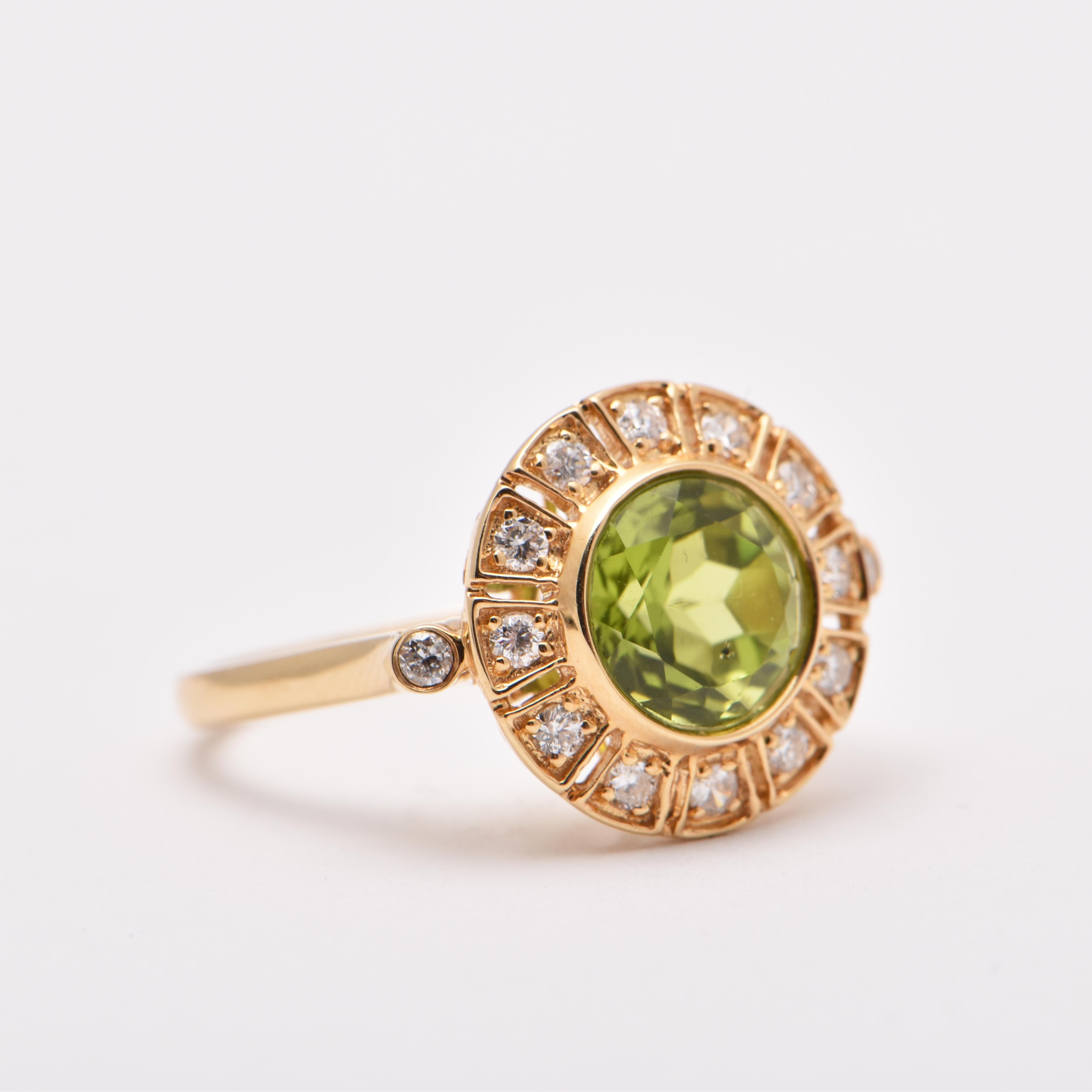 Round Peridot and Diamond Cocktail Ring in 18 Carat Yellow Gold by Cartmer Jewellery

Size M-N 

Peridot 2.55 Carats
42 Diamonds totalling 0.31 Carats
18 Carat Yellow Gold Ring

FREE express postage usually 3-4 days Sydney to New York
FREE