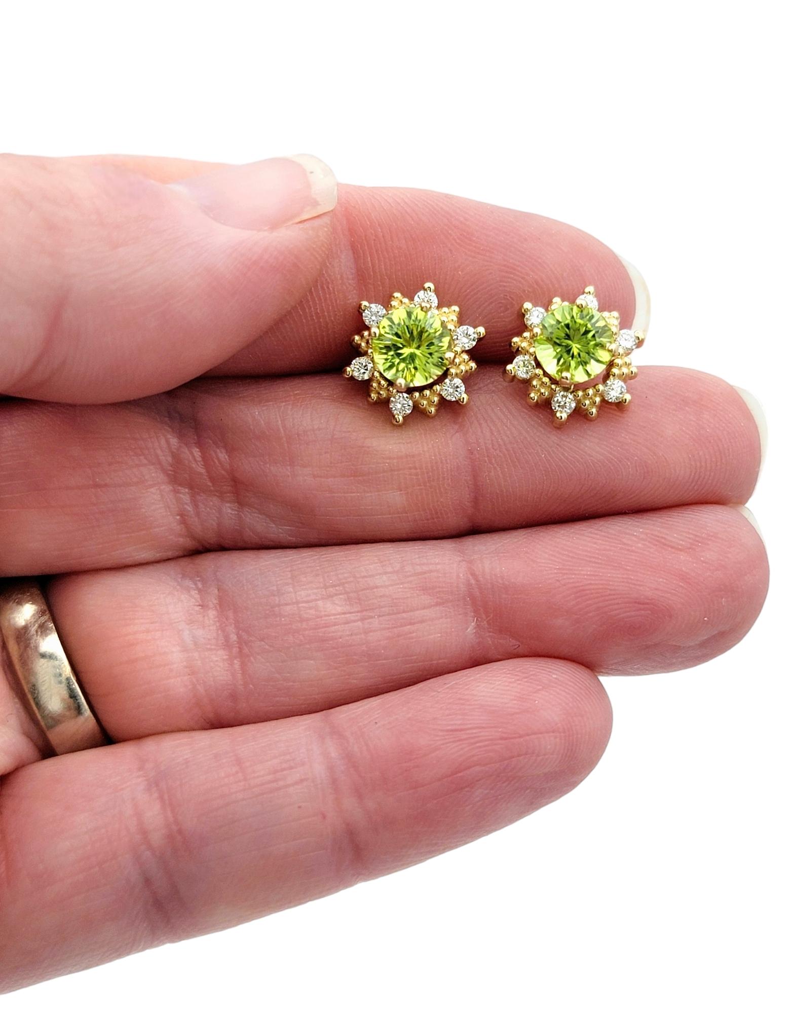 Round Peridot Stud Earrings with Diamond Halo Jackets in 14 Karat Yellow Gold For Sale 4