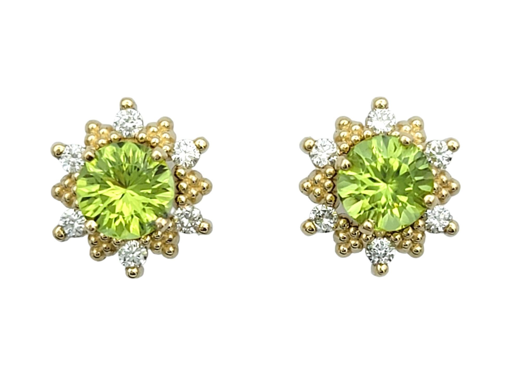 This gorgeous pair of peridot stud earrings exudes timeless elegance with a modern twist. Each stud features a lustrous peridot gemstone at its center, radiating with a captivating green hue reminiscent of fresh spring foliage. Surrounding the