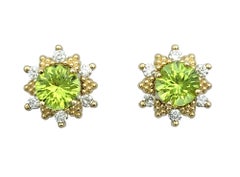 Round Peridot Stud Earrings with Diamond Halo Jackets in 14 Karat Yellow Gold