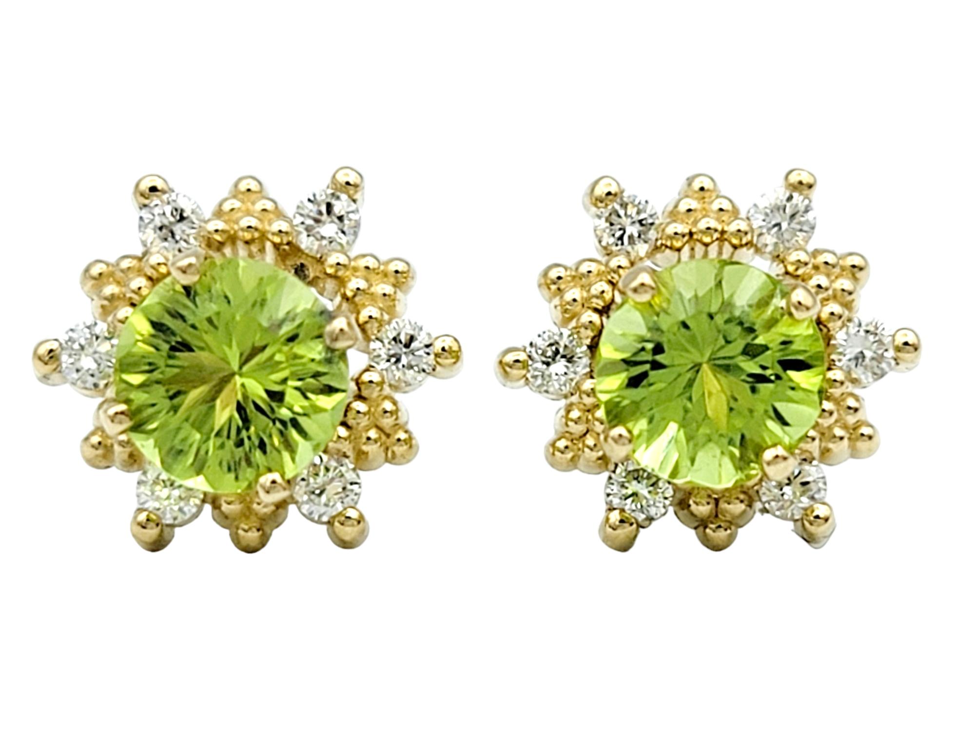 Contemporary Round Peridot Stud Earrings with Diamond Halo Jackets in 14 Karat Yellow Gold For Sale