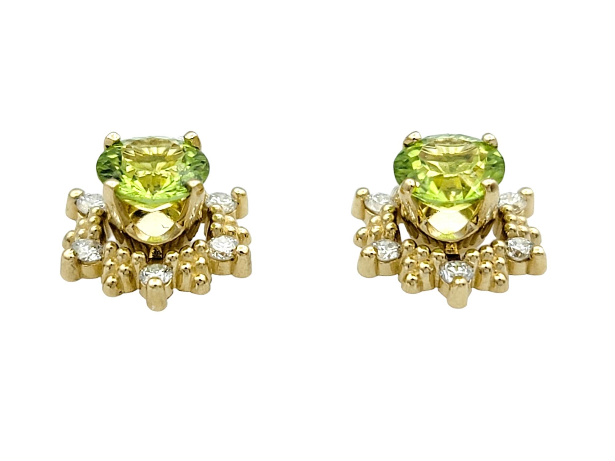 Round Peridot Stud Earrings with Diamond Halo Jackets in 14 Karat Yellow Gold In Excellent Condition For Sale In Scottsdale, AZ