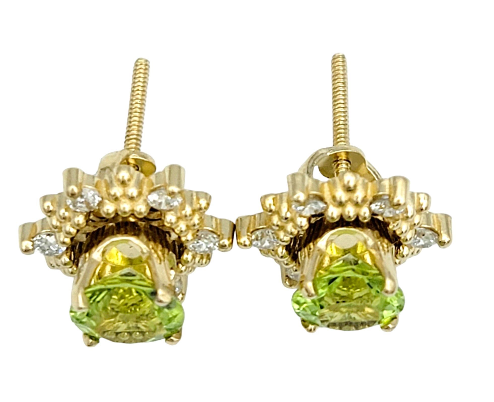 Women's Round Peridot Stud Earrings with Diamond Halo Jackets in 14 Karat Yellow Gold For Sale