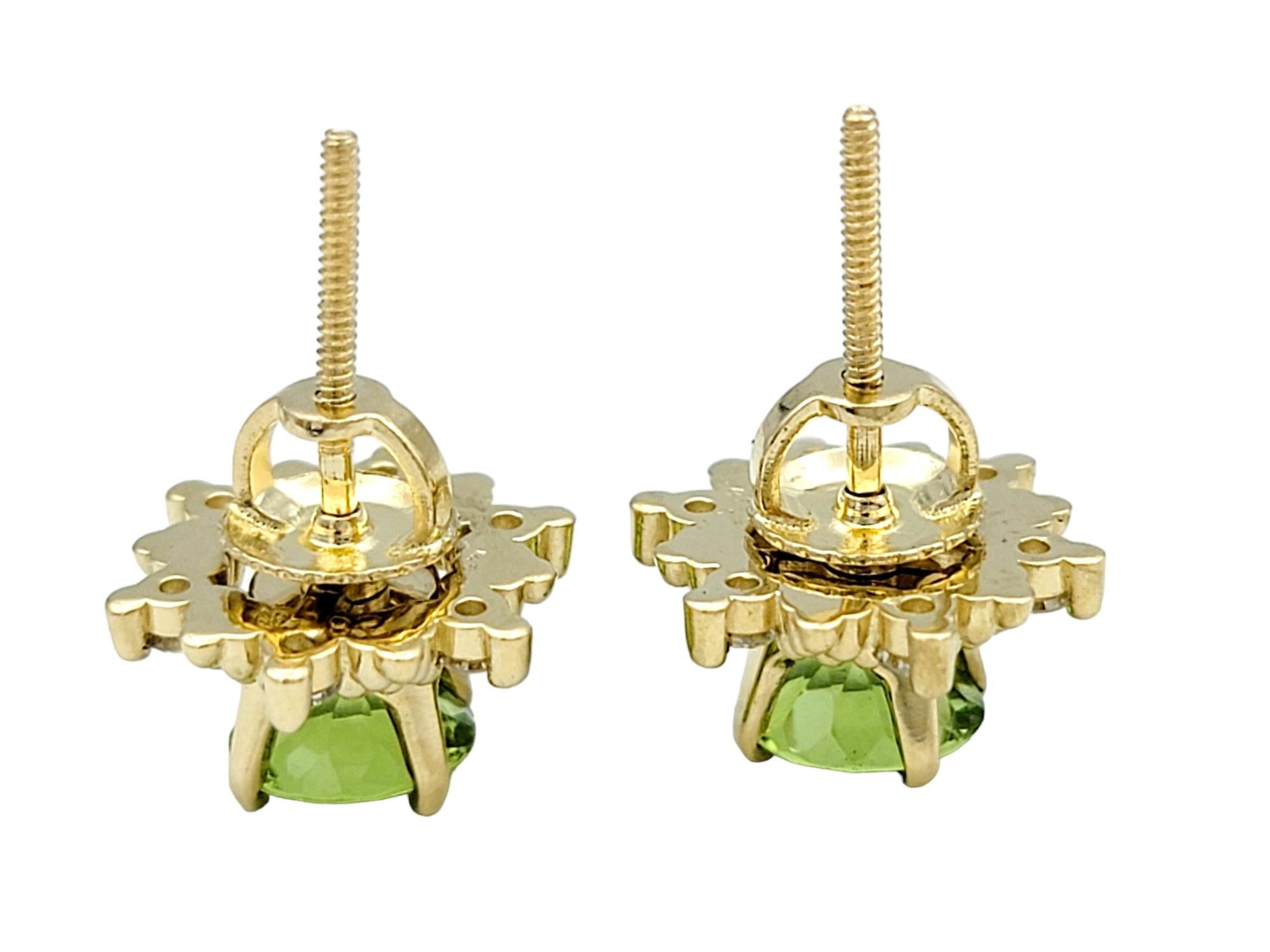 Round Peridot Stud Earrings with Diamond Halo Jackets in 14 Karat Yellow Gold For Sale 1