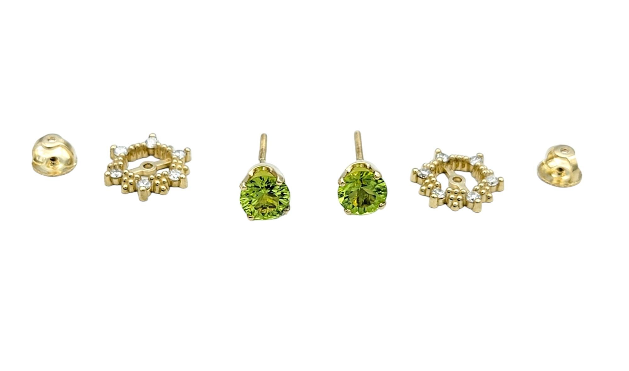 Round Peridot Stud Earrings with Diamond Halo Jackets in 14 Karat Yellow Gold For Sale 2