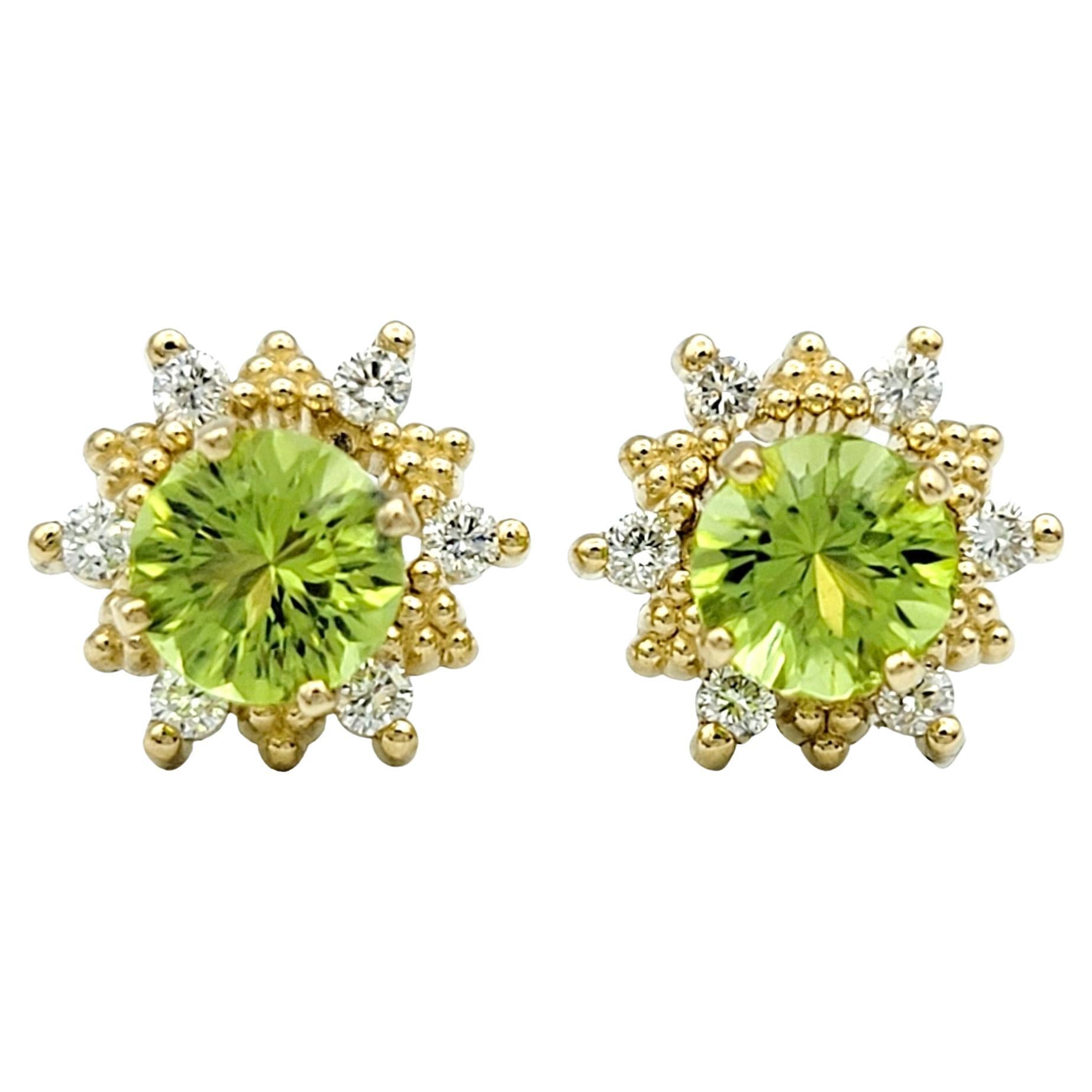 Round Peridot Stud Earrings with Diamond Halo Jackets in 14 Karat Yellow Gold For Sale
