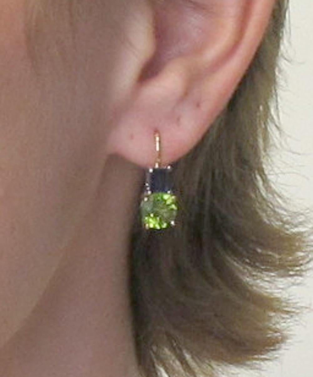 Women's Square Sapphire & Round Peridot, 18k Two-toned Gold Lever-Back Drop Earrings