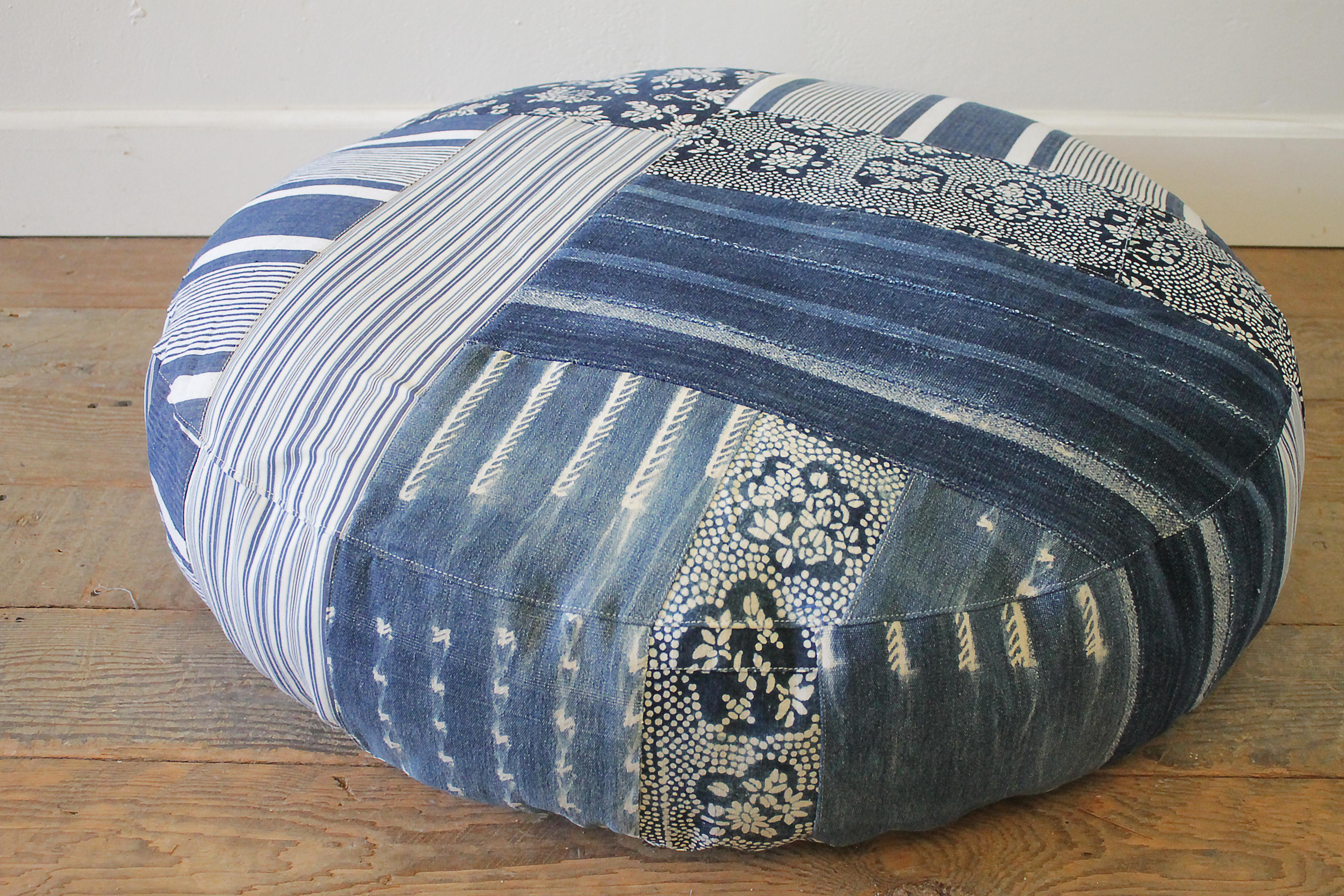 Contemporary Round Pet Bed Made from Vintage Batik Mud Cloth Indigo Textiles