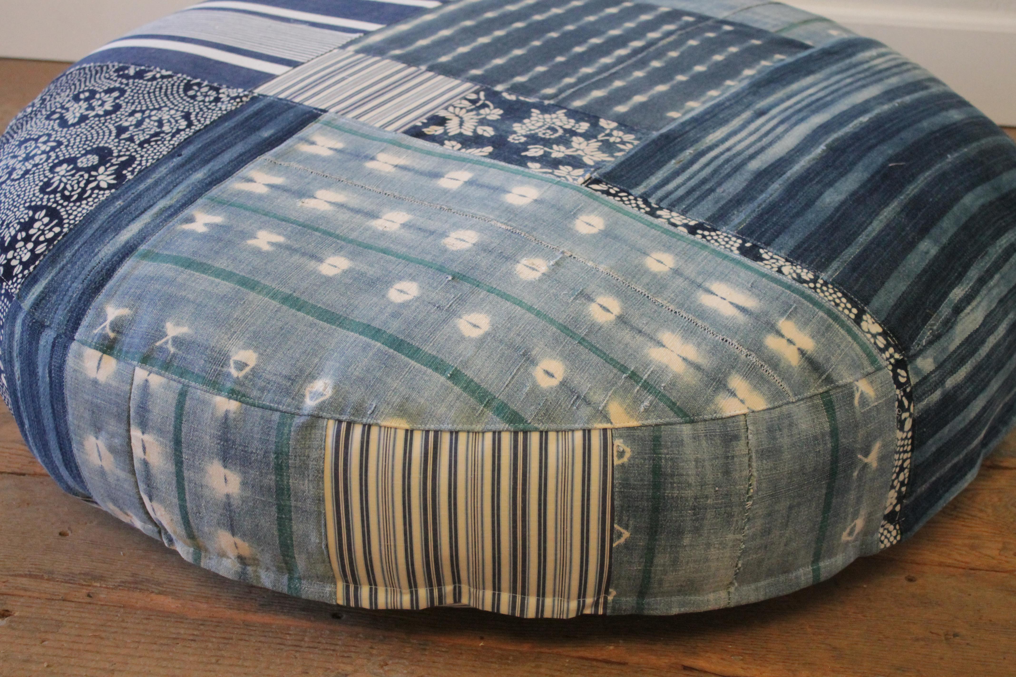 Cotton Round Pet Bed Made from Vintage Batik Mud Cloth Indigo Textiles