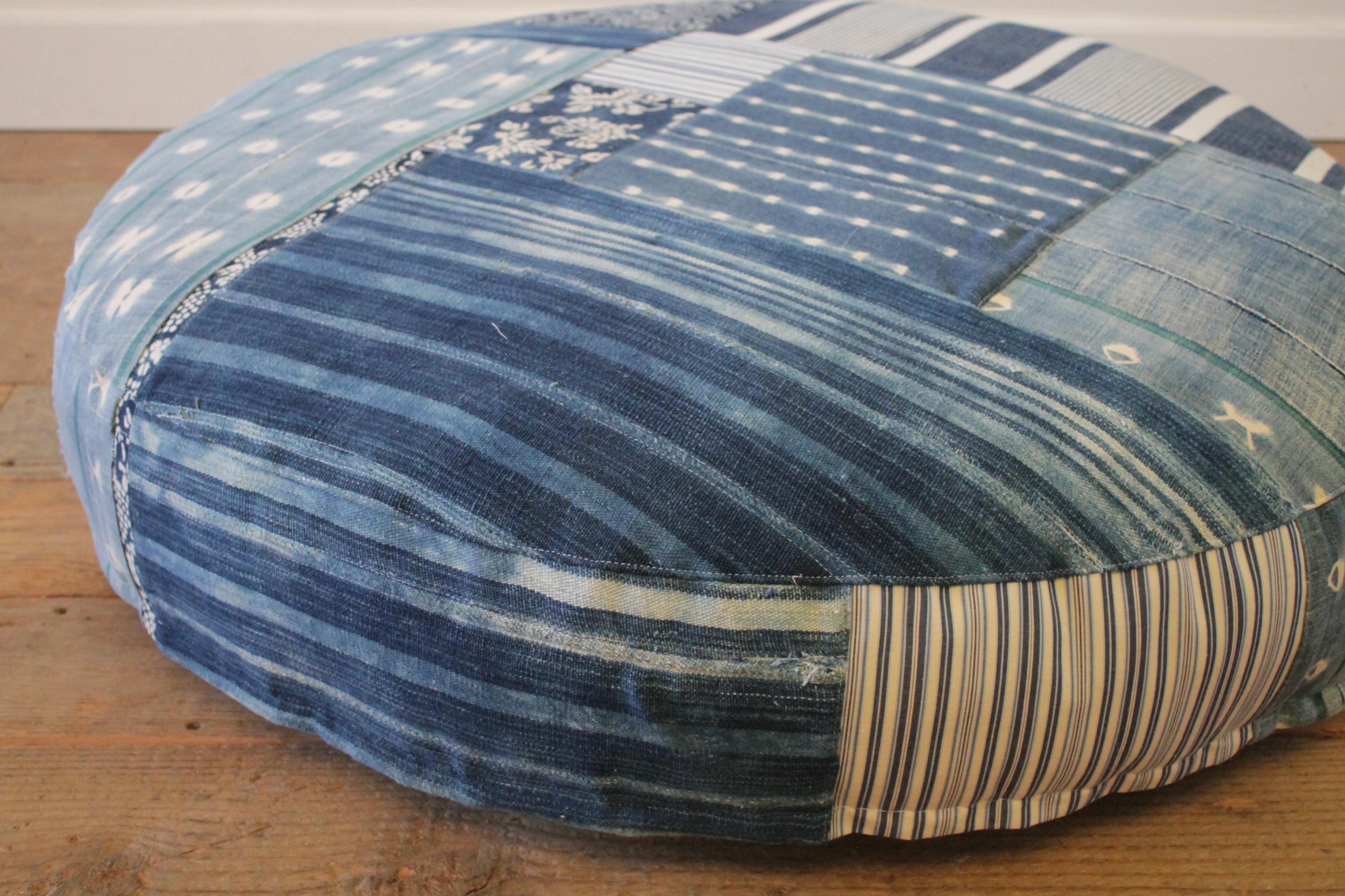 Round Pet Bed Made from Vintage Batik Mud Cloth Indigo Textiles 1