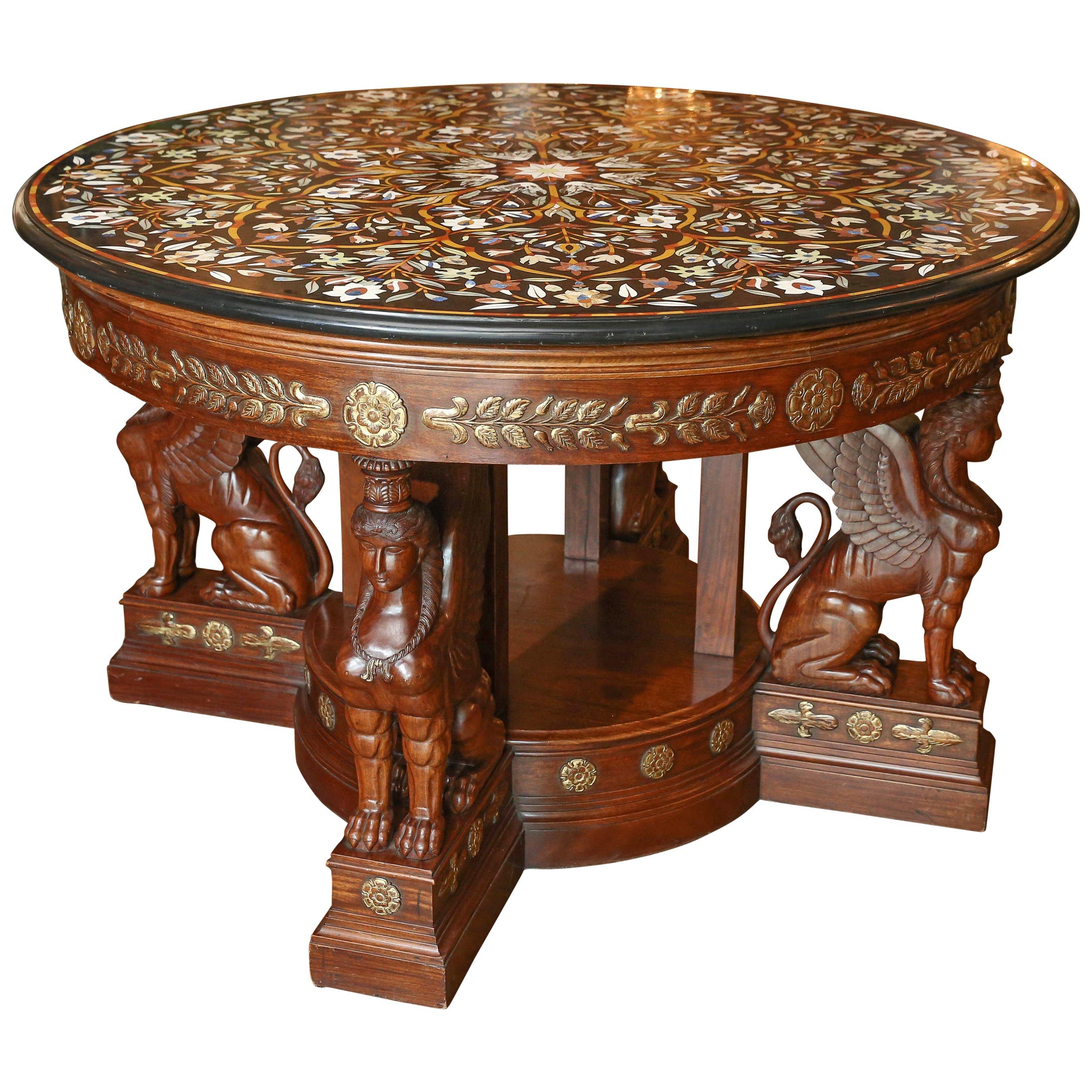Round Pietra Dura Semi-Precious Stone-Top Center Table with Empire Style Base For Sale