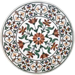 Vintage Round Pietra Dura Stone Inlay White Marble Table Top with Flower Decorations