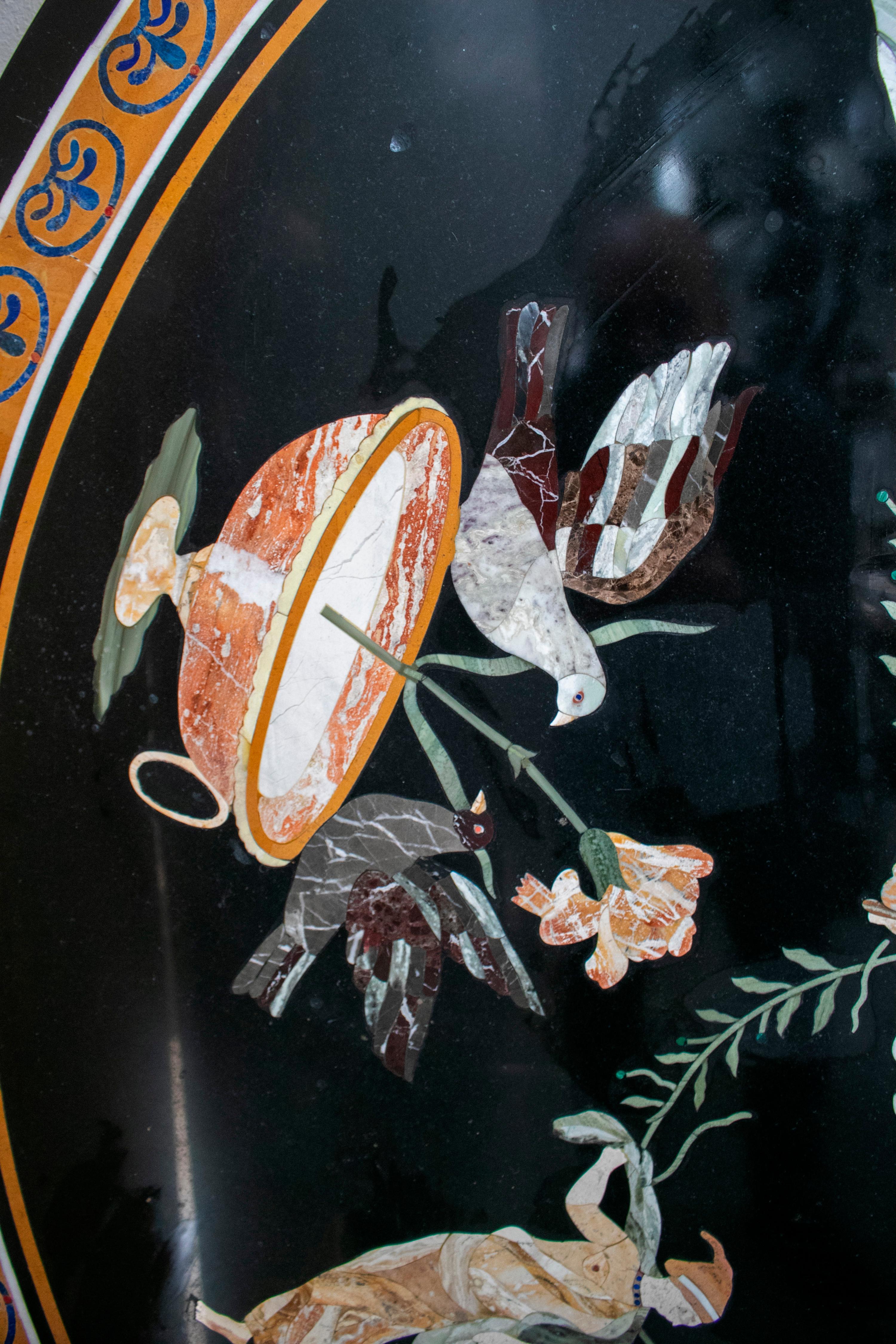 20th Century Round Pietre Dure Black Marble Mosaic Table Top with Greek Scenes